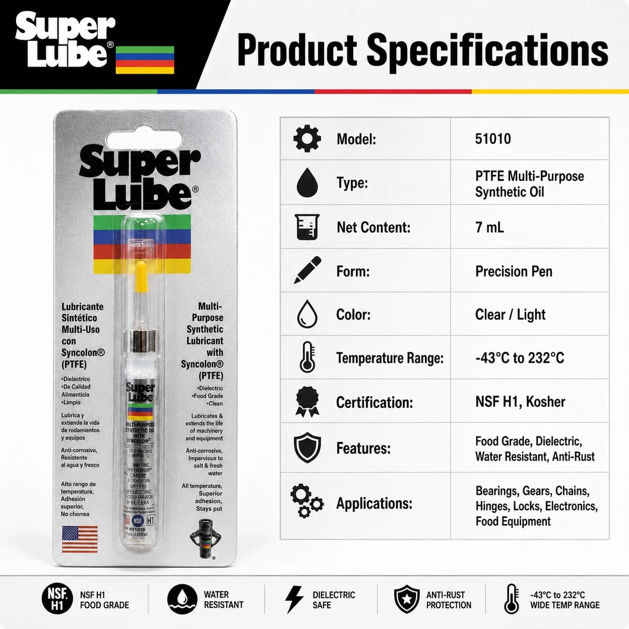Huile synthétique multi-usages originale Super Lube 51010 PTFE pour graissage de précision des roulements