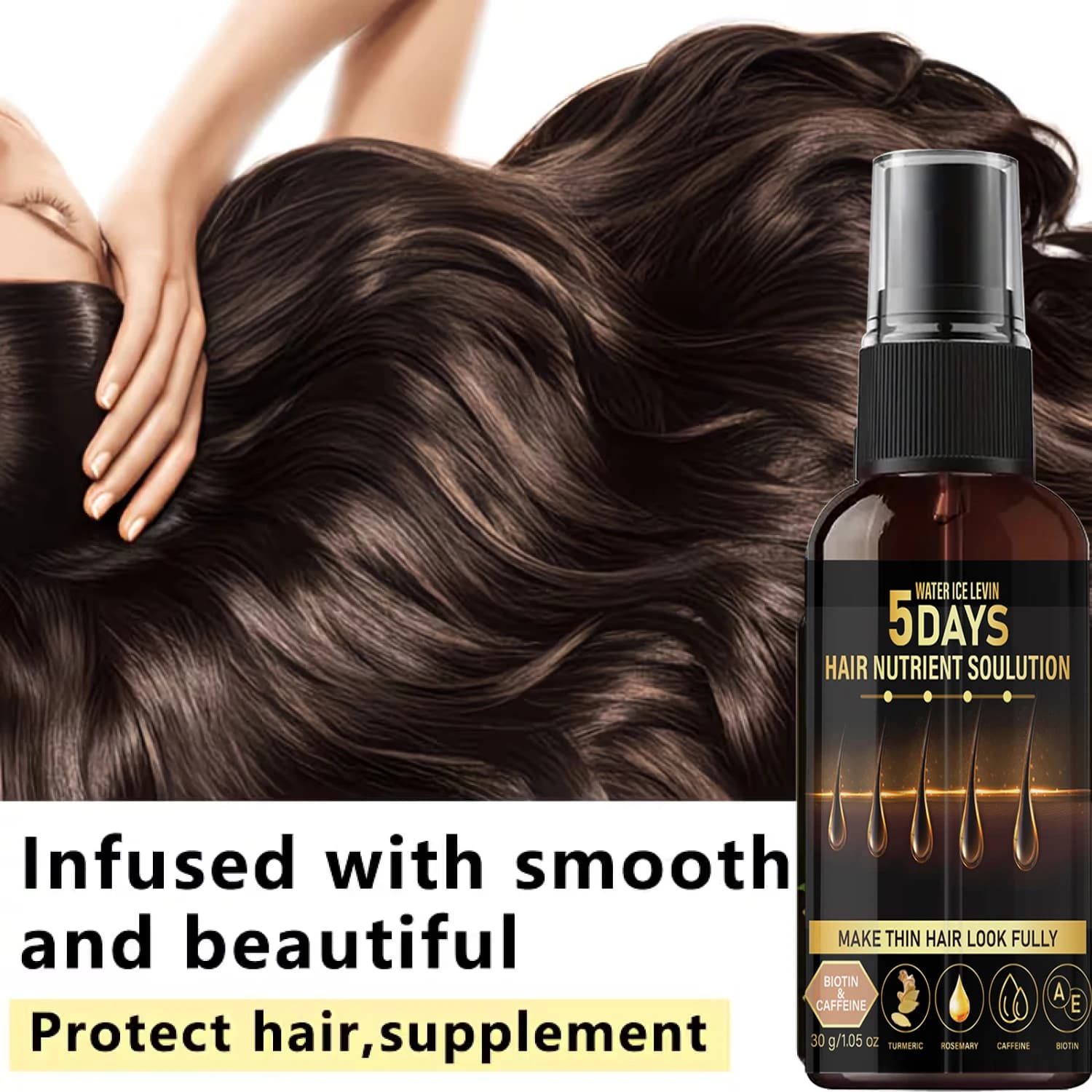 Huile capillaire à la biotine et à la caféine - Infusée à la rosemaine et au curcuma, solution nutritive pour cheveux en 5 jours pour des cheveux plus épais