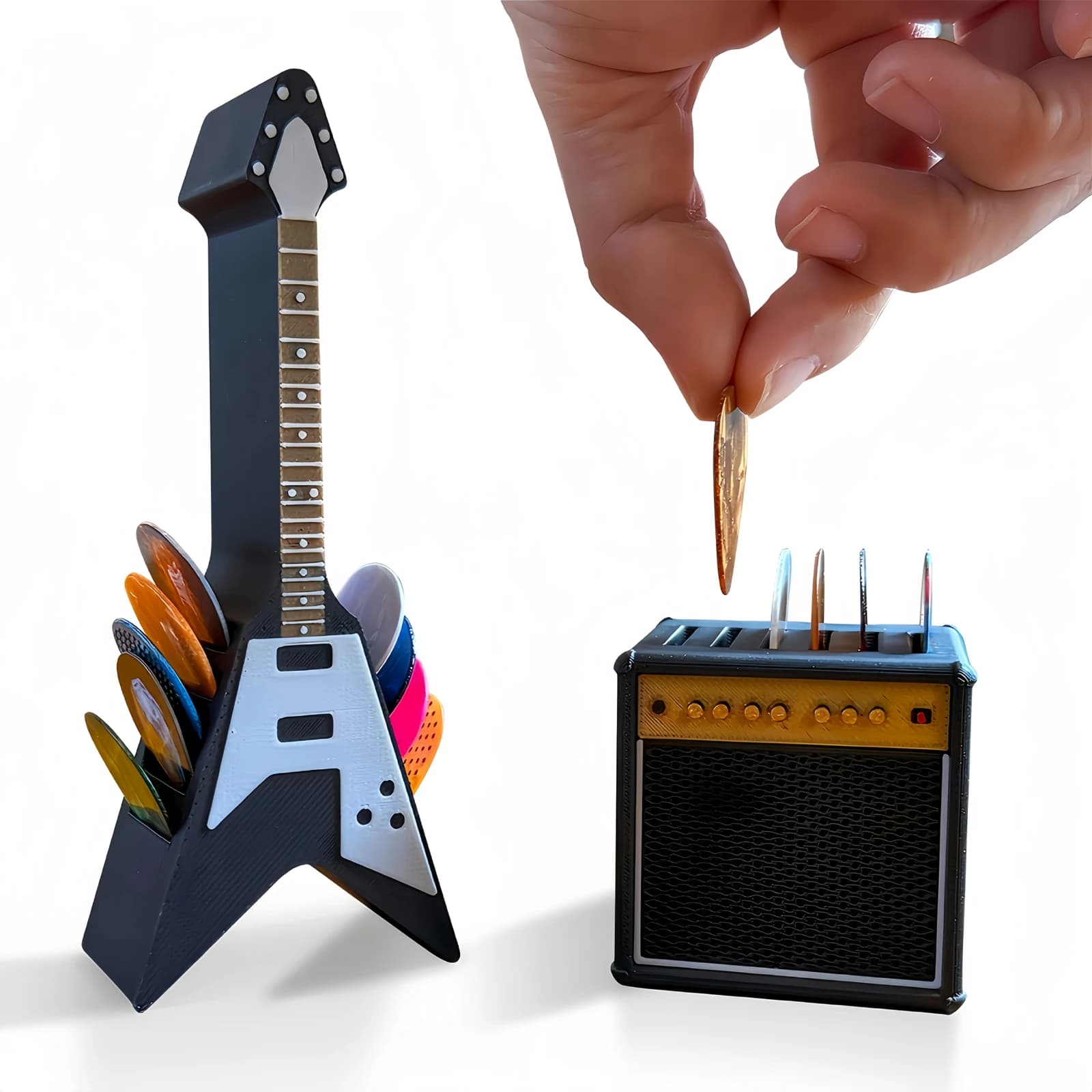 Support de médiator de guitare en forme de V Rock + coffret de tiroir de plectre