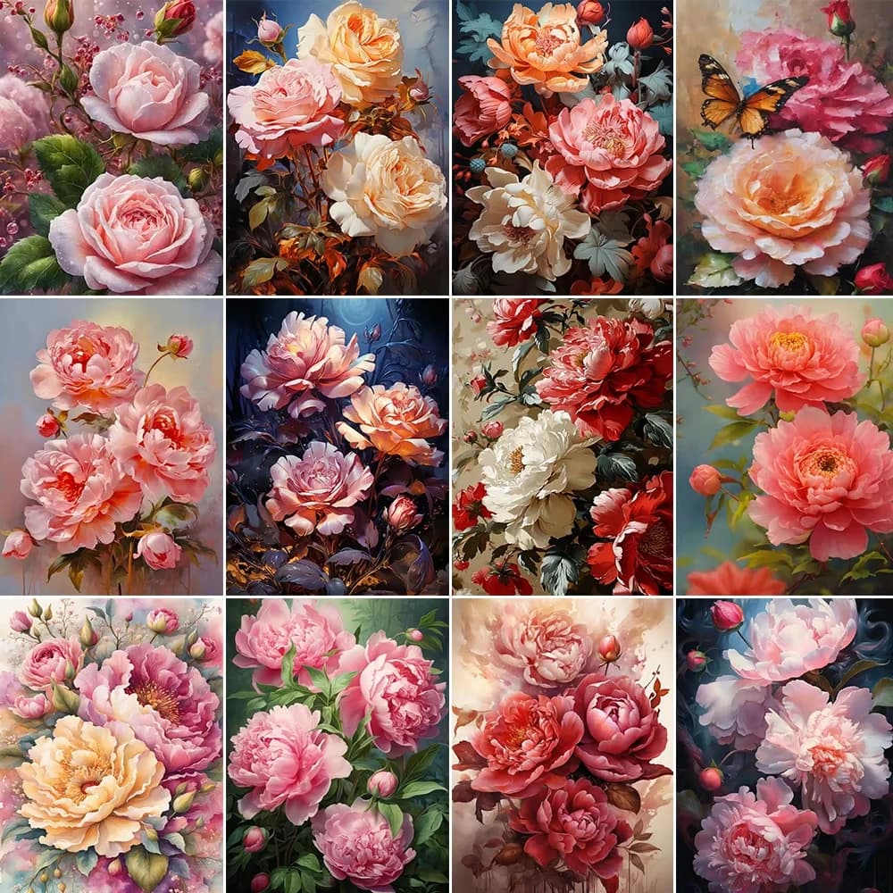 Peinture à l'huile par numéros de fleurs de pivoine, tableau mural pour chambre à coucher, décoration de la maison, kits de peinture acrylique pour adultes et enfants, cadeau DIY