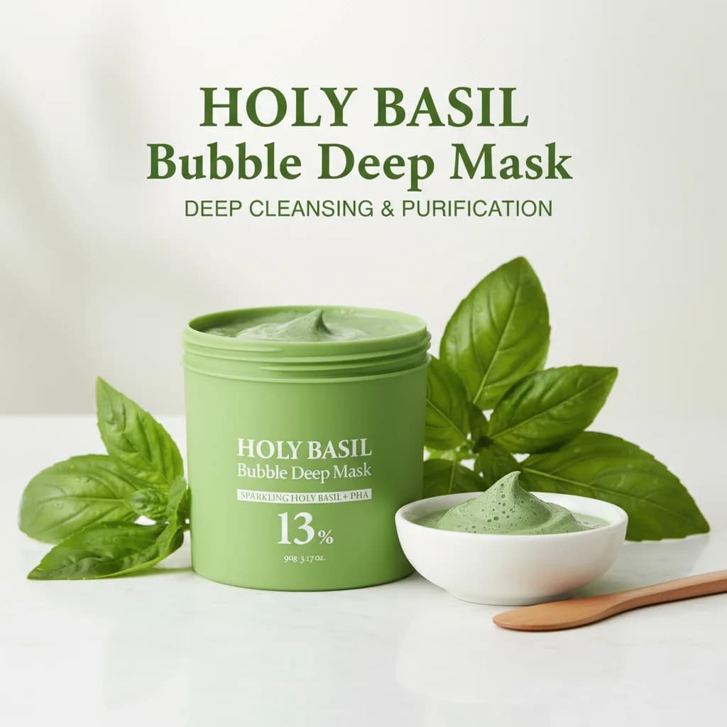 Masque Nettoyant Moussant au Basilic Sacré 90g – Hydratant, Contrôle du Sébum, Élimination des Points Noirs, Soin Nettoyant pour la Peau
