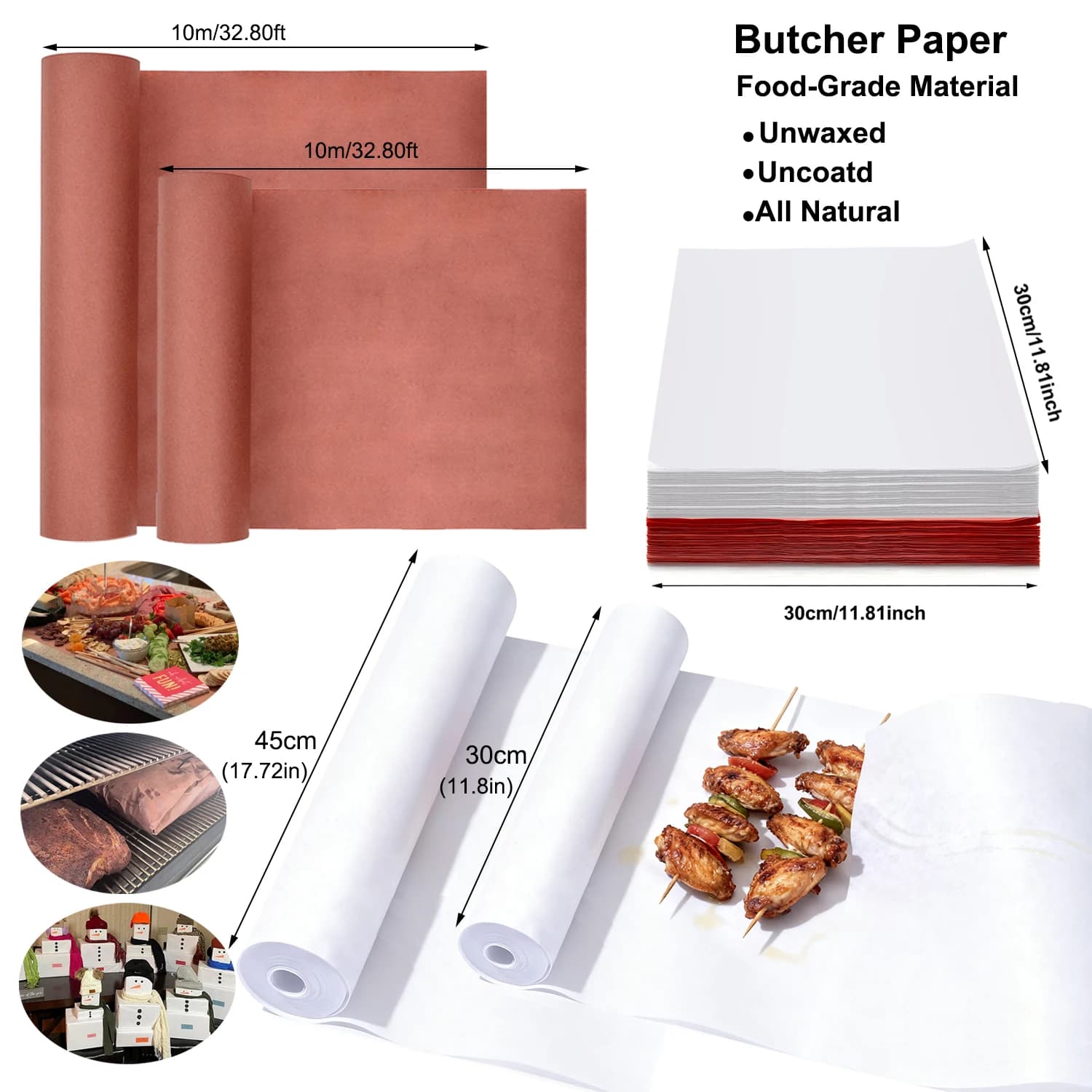 Rouleau de papier de boucher pêche non ciré, 10m, 30cm x 10m, pour barbecue, robuste, pour fumer, viande, poitrine, résistant à l'huile, anti-déchirure, cuisson