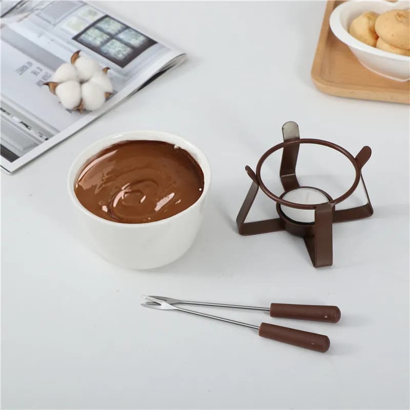 Ensemble de fondue au chocolat avec fourchettes - Pot à fondue en céramique pour chocolat, fromage, beurre, avec chauffe-plat pour fêtes et réunions
