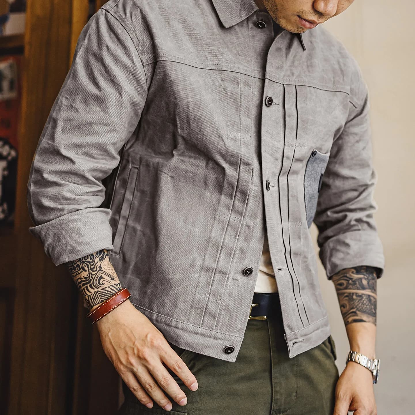 Maden – veste cirée à l'huile Vintage pour hommes, manteau de chasse imperméable en V, Double plis, vêtements d'extérieur en toile grise avec poches plaquées pour l'automne