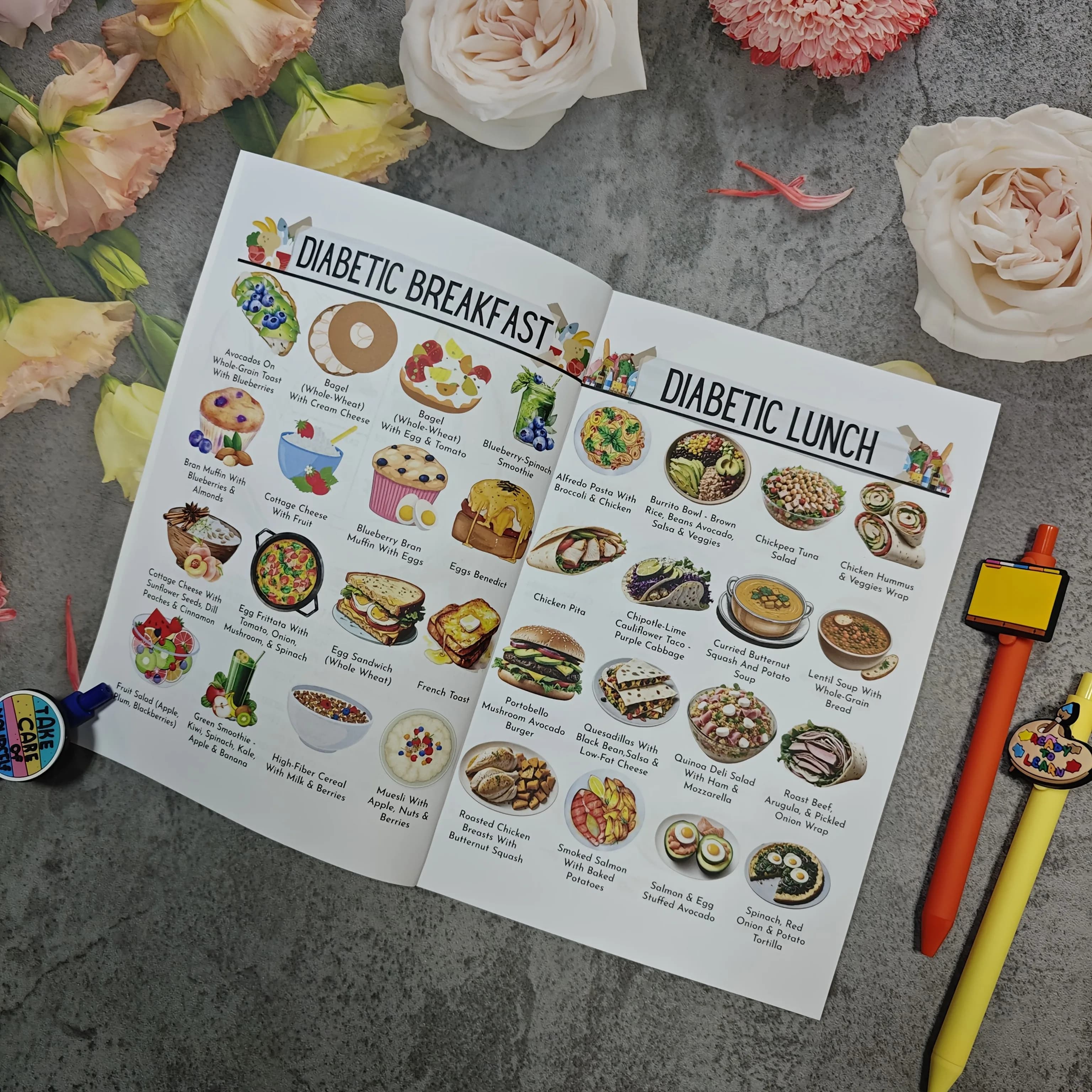 Plan repas diabétique A5 de 91 pages avec recettes, liste des aliments pour diabétiques et planificateur de repas, tableau des aliments pour diabétiques de type 2