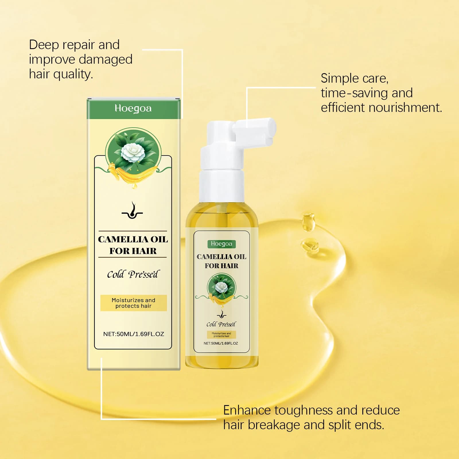 Spray réparateur d'huile capillaire de camélia, pour contrôle des frisottis secs et endommagés, après-shampooing nourrissant avec traitement capillaire à l'huile de graines de camélia