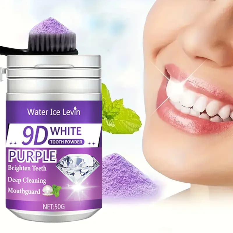 Poudre de dent blanche 9D. Formule éclaircissante violette. Appliquer le pinceau 2-3 minutes au quotidien. Whitens nettoie les dents. Souffle frais.