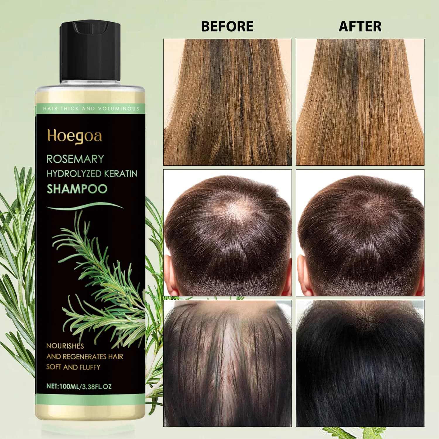 Shampoing pour la croissance des cheveux à l'huile de romarin, épais organique pour amincir les cheveux et la perte de cheveux, shampoing naturel volumisant pour hommes et femmes