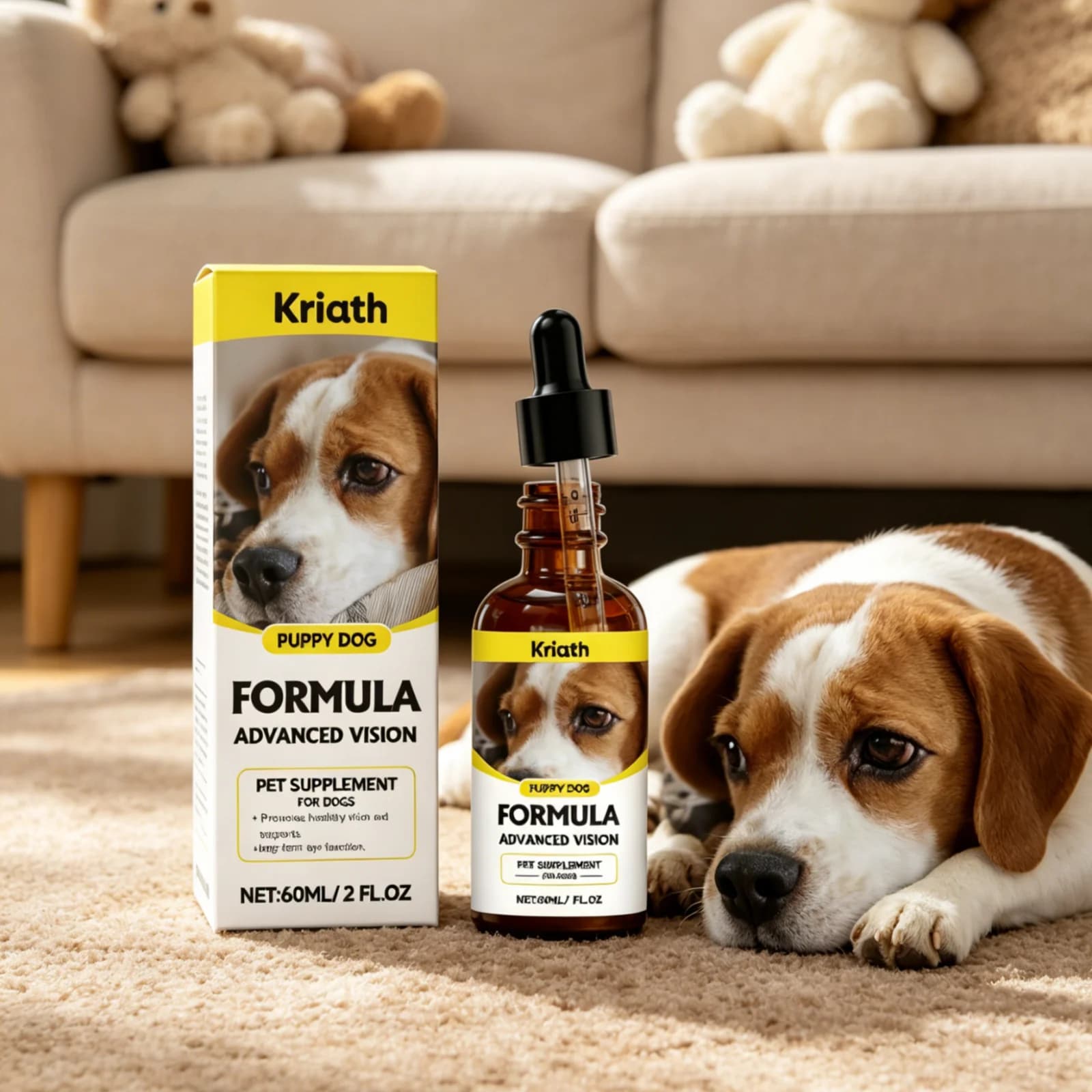 Compléments pour les yeux des chiens Kriath, protection des yeux canins, maintien de la santé, amélioration de l'absorption des nutriments, soutien de la vision des chiens, gouttes 60 ml