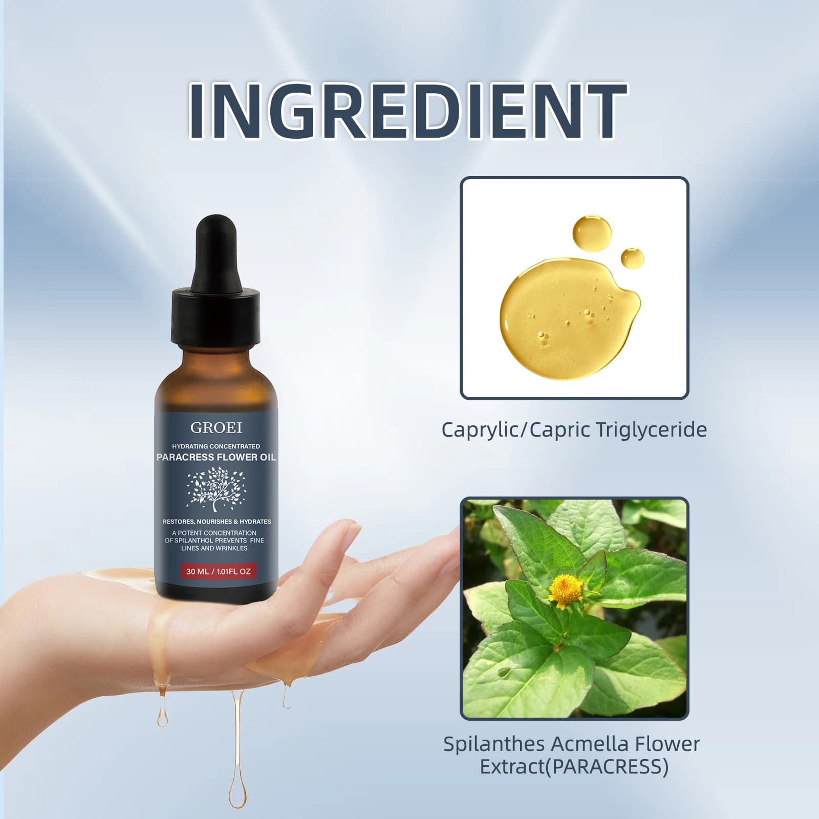 Huile de fleur de paracress 30ml pour les rides hydrate et nourrit la peau lisse les ridules pour le visage nourrir l'huile essentielle