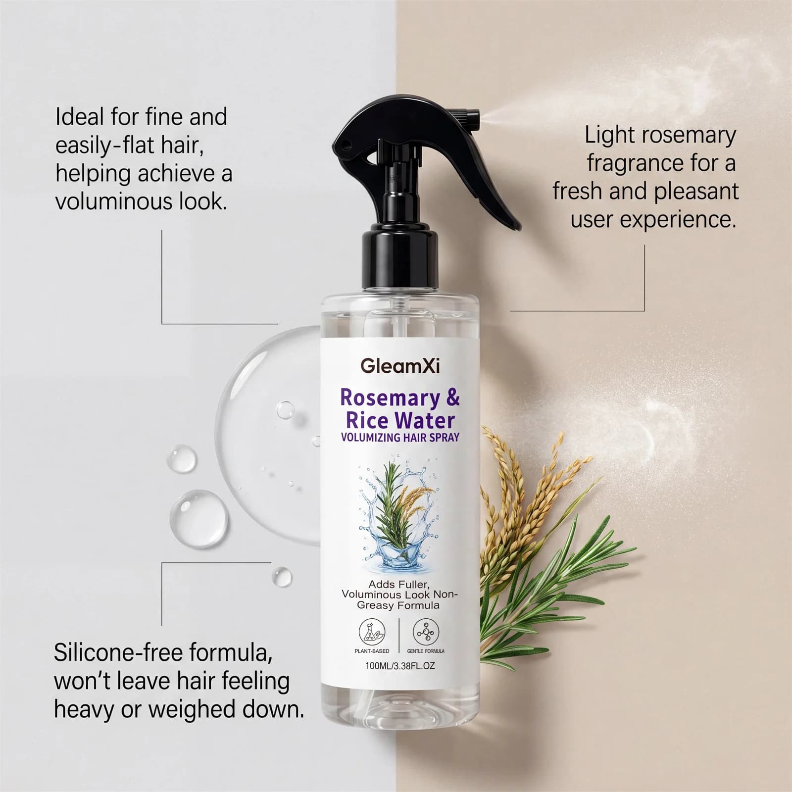 Spray capillaire à la rose et à l'eau de riz