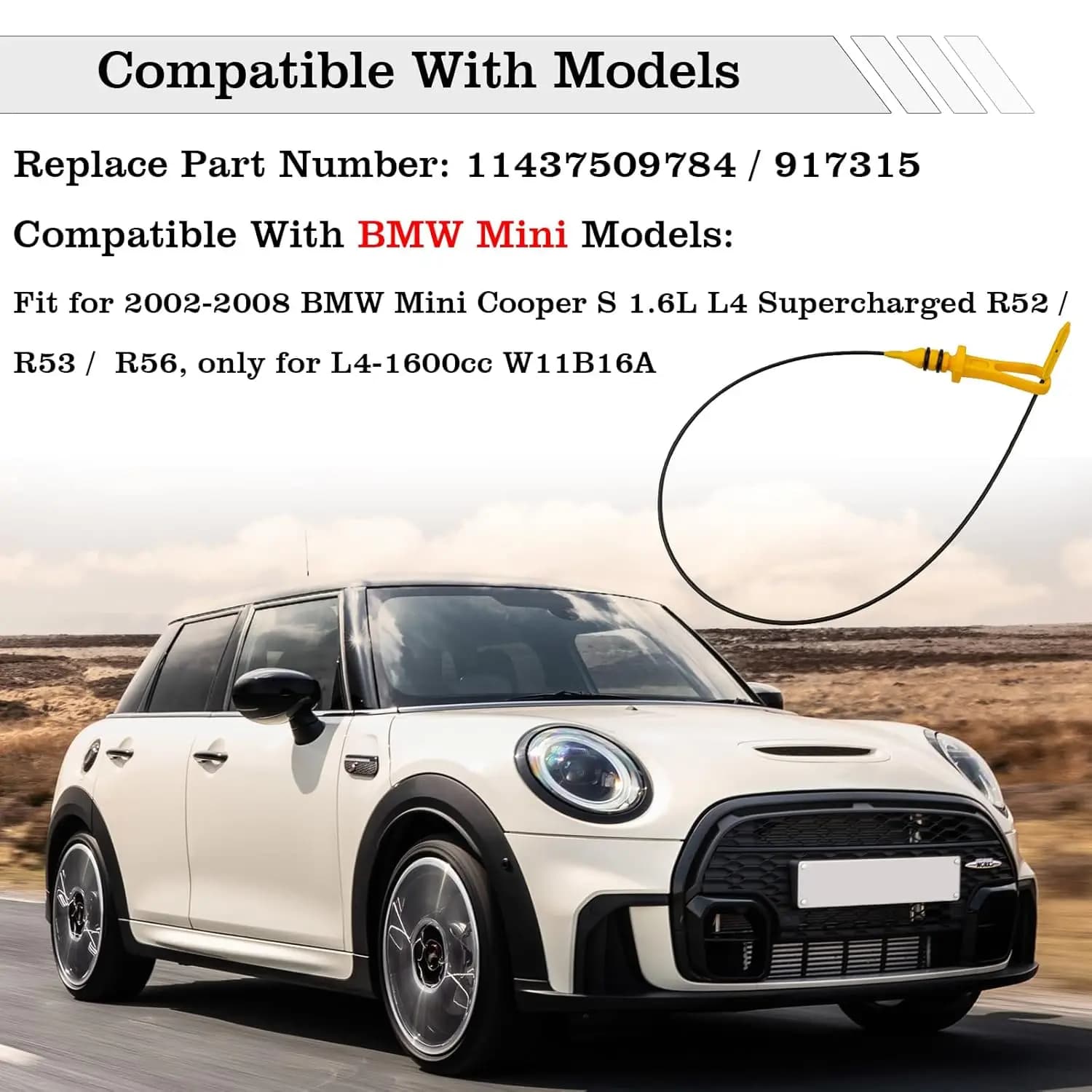 Jauge de niveau d'huile moteur 11437509784 pour BMW Mini Cooper S 1.6L L4 R52 R53 R56 W11B16A 2002-2008, remplace 917315