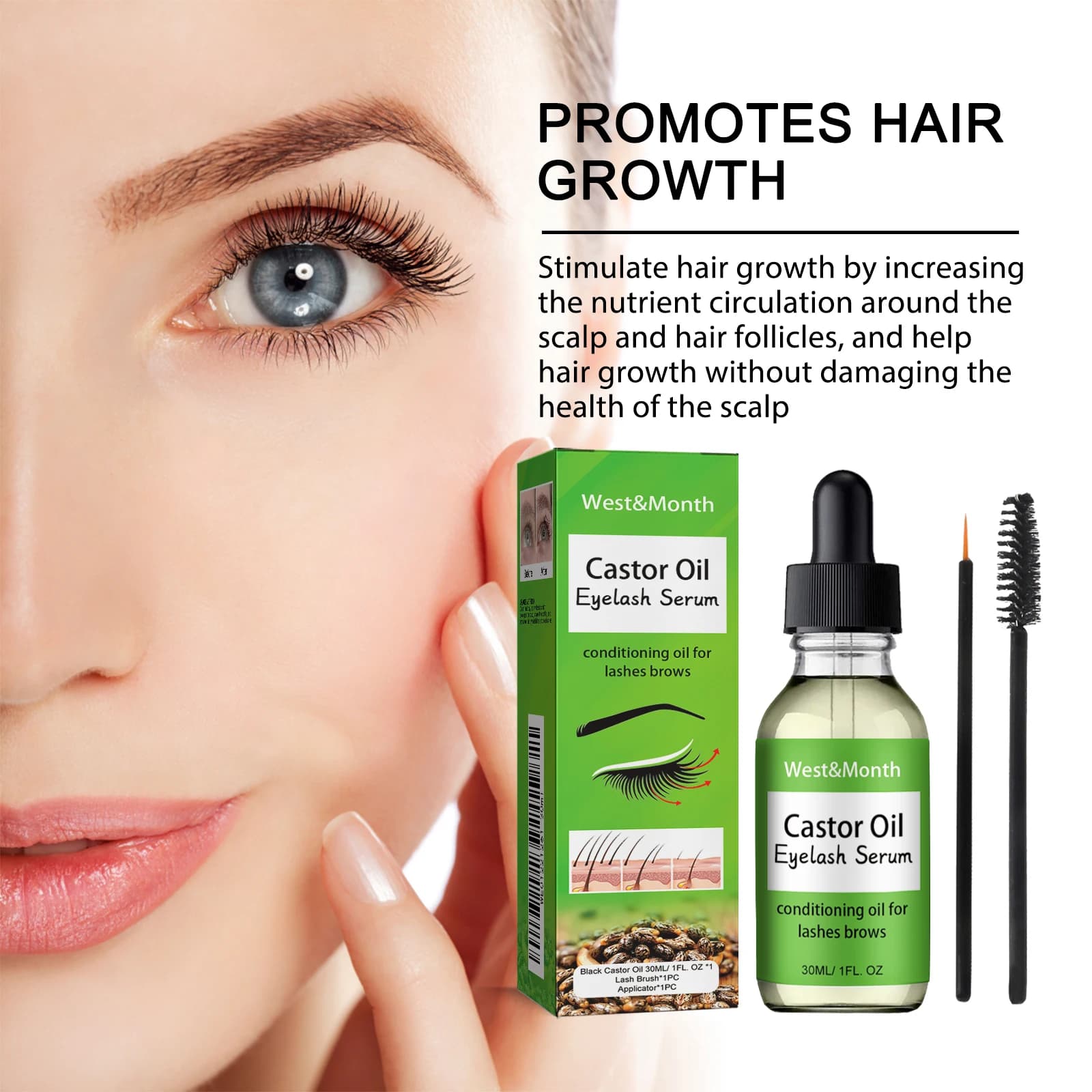 Sérum de croissance de cils à l'huile de ricin avec brosse, liquide polyvalent pour cheveux, sourcils, Essence épaisse, nourrissant et hydratant