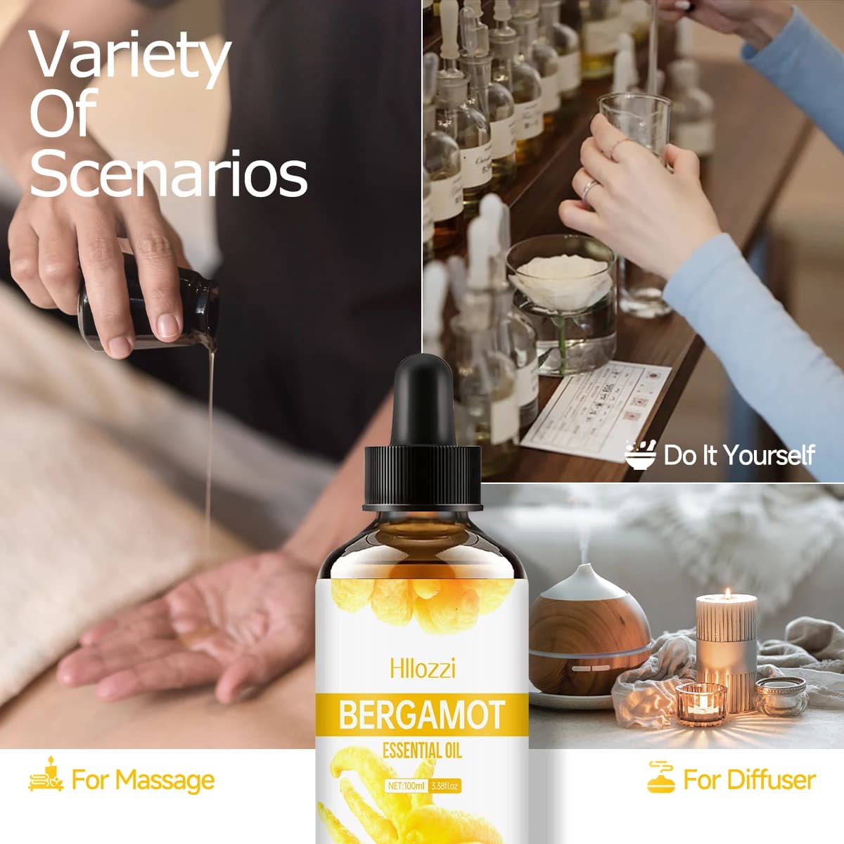 Huile de bergamote, huile essentielle de qualité supérieure pour soins capillaires, diffuseurs domestiques, peau, spas, massage et humidificateurs
