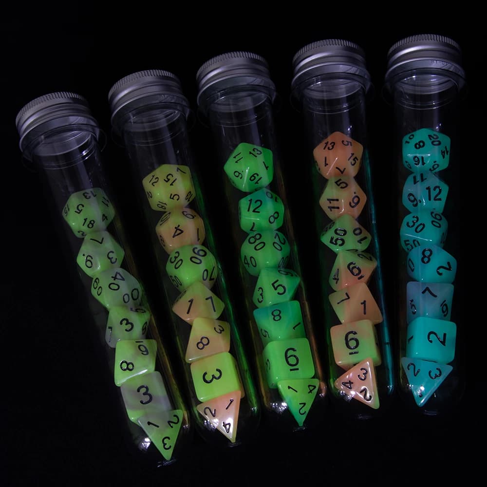 Jeu de dés polyédriques phosphorescents avec tube, dés pour petit-déjeuner du MDN, divertissement de fête, jeux de société, 7 pièces, D4,D6,D8,D10,D12,D20