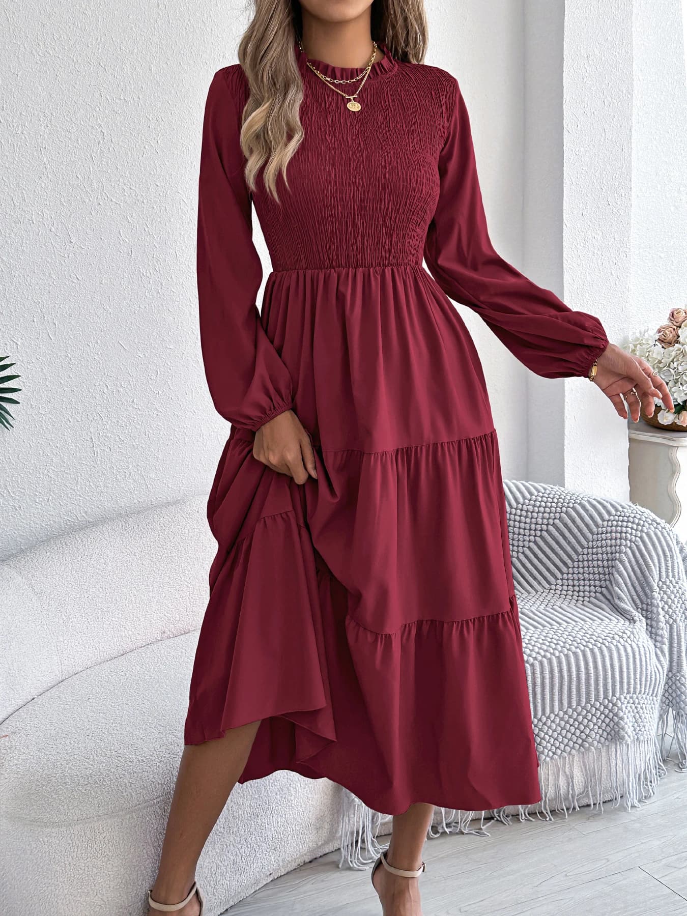 Robe mi-longue à manches longues et col rond pour femmes, couleur unie, vacances de printemps, taille à volants