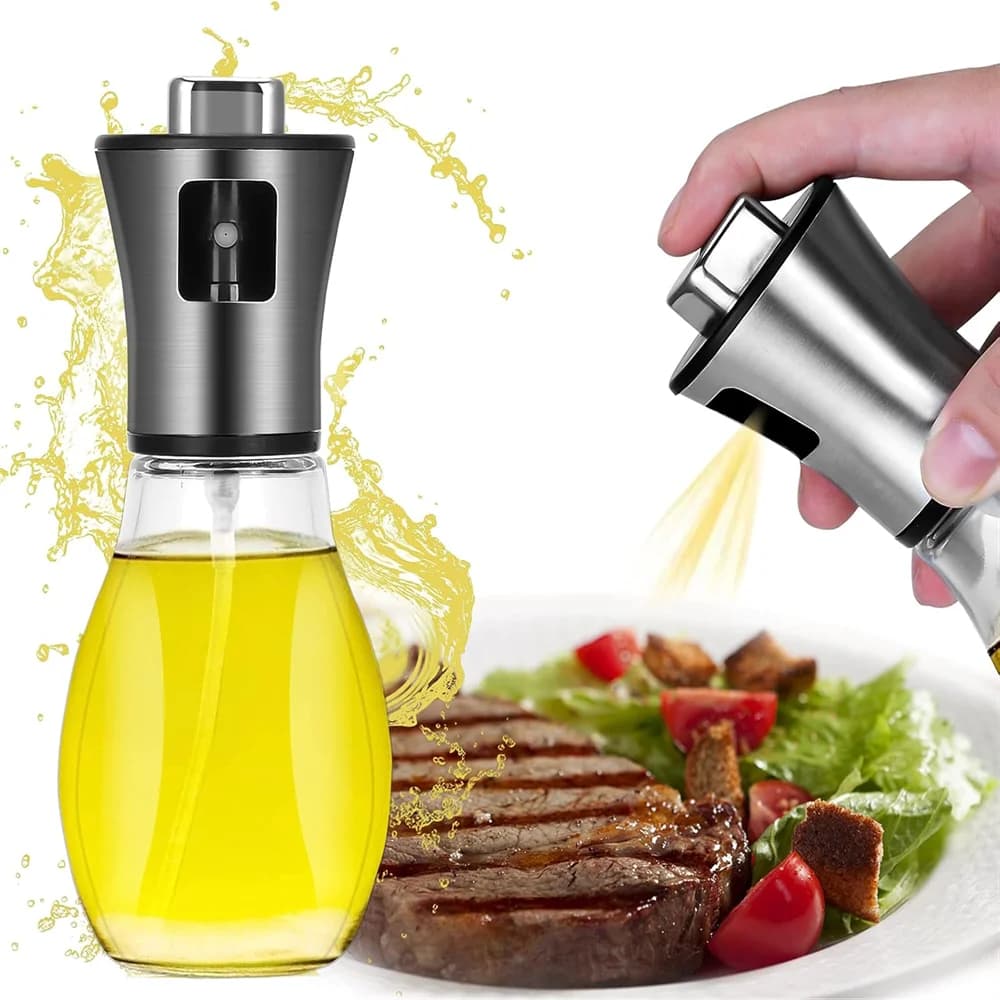 Pulvérisateur d'huile de cuisine pour la cuisson, huile d'olive ou vinaigre de 6.8oz/200ml, conception à gâchette, flacon pulvérisateur en verre de vinaigre en acier inoxydable