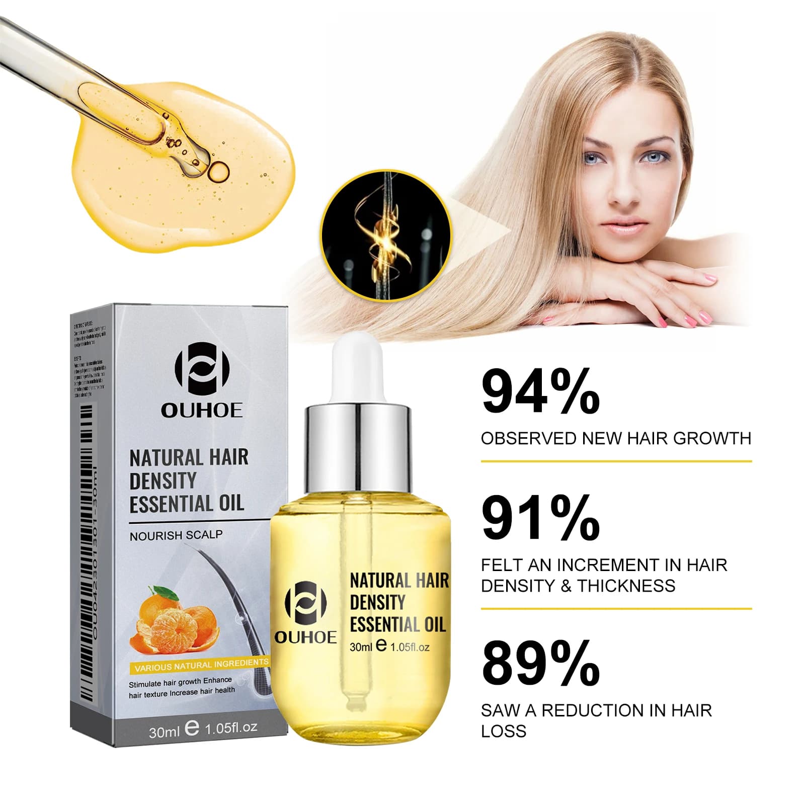 Ouhoe – huile de soin capillaire pour amincir les cheveux, sérum de traitement du cuir chevelu pour renforcer les racines et réparer les cheveux endommagés, formule naturelle 30ml