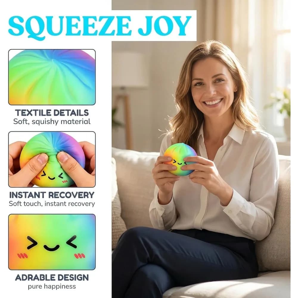 Jouet Squishy en forme de boulette aux couleurs arc-en-ciel avec bambou