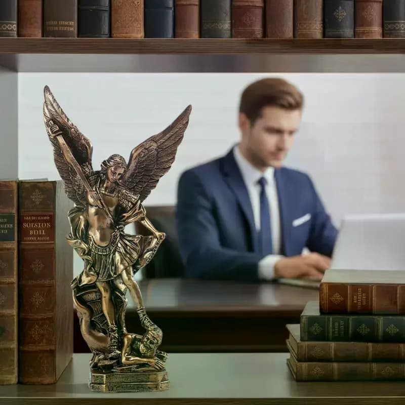 Statue de San Miguel Arcangel, figurine rétro en résine bronzée du Saint-Archange Michel, décoration de bénédiction pour la maison, ornements de bureau