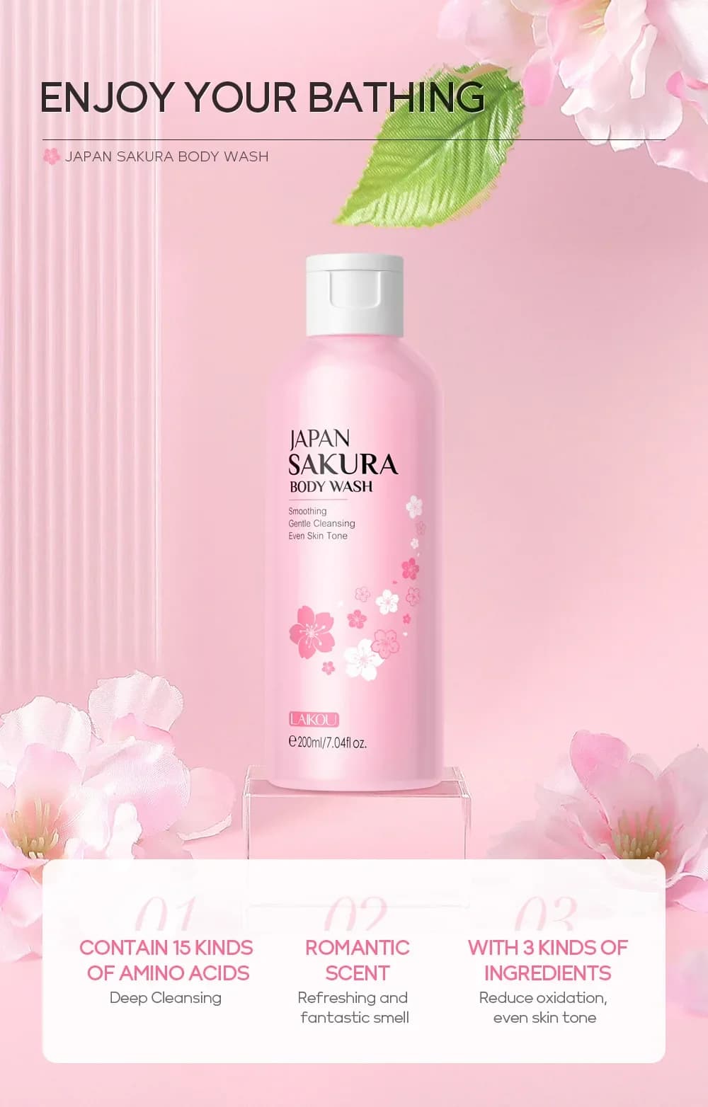 LAIKOU Sakura Gel douche longue hydratant lisse longue durée parfum mousse douce nettoyage du corps produit de bain 200ml