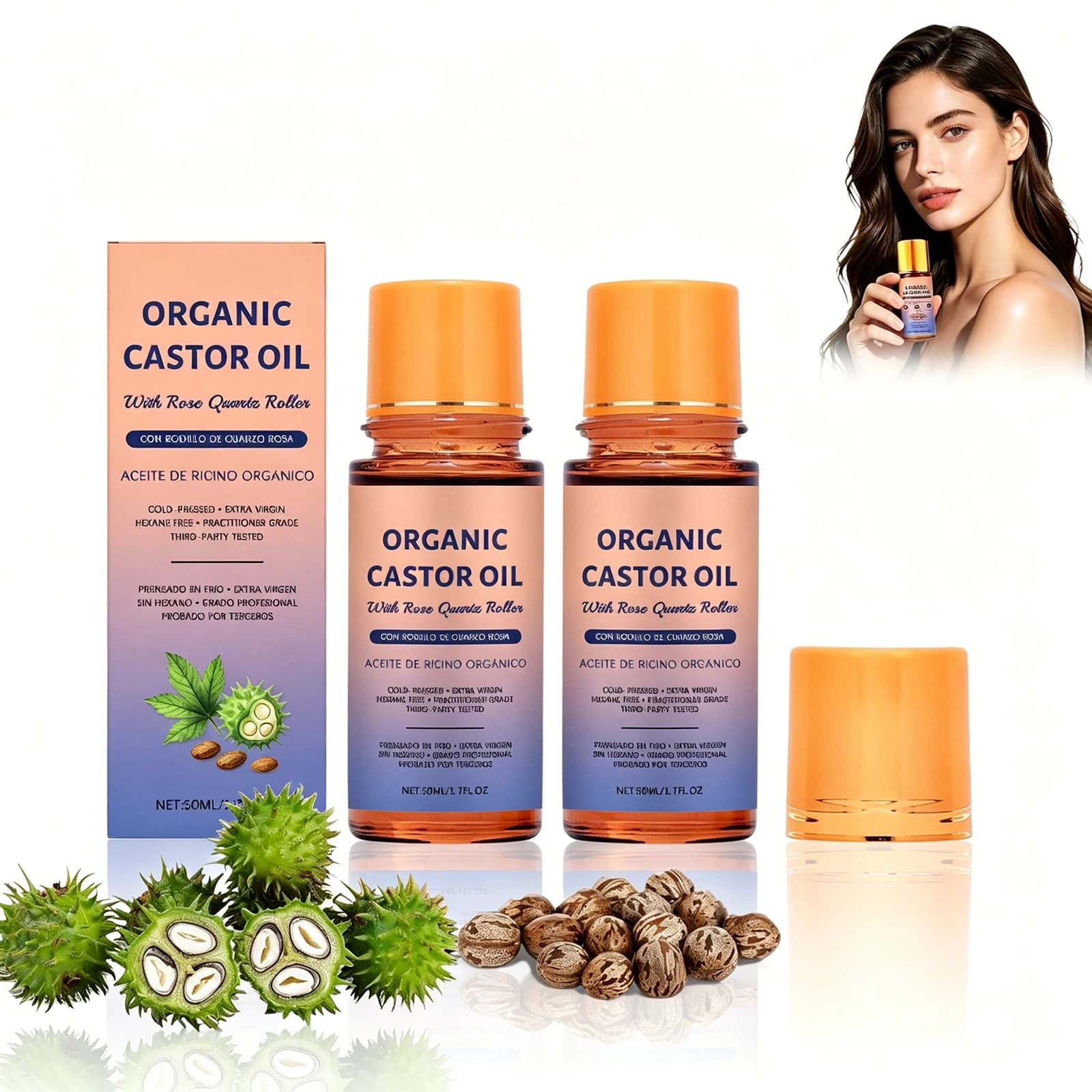 Huile de ricin bio pressée à froid sans hexane avec applicateur à bille en quartz rose, apaisante et hydratante pour le soin du visage et du corps
