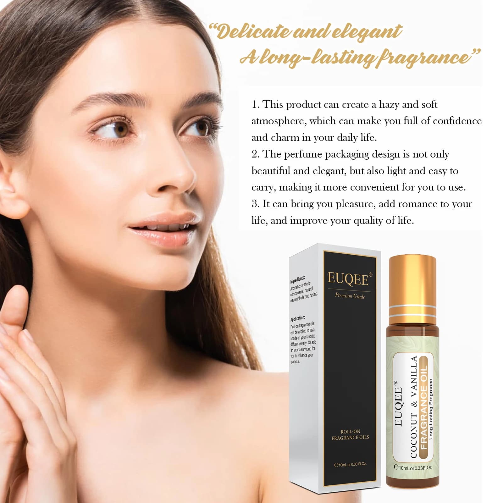 EUQEE 10ml huile parfumée à rouleau pour femmes-noix de coco vanille gomme à bulles cristal brillant bombe minuit Rose ange huiles aromatiques