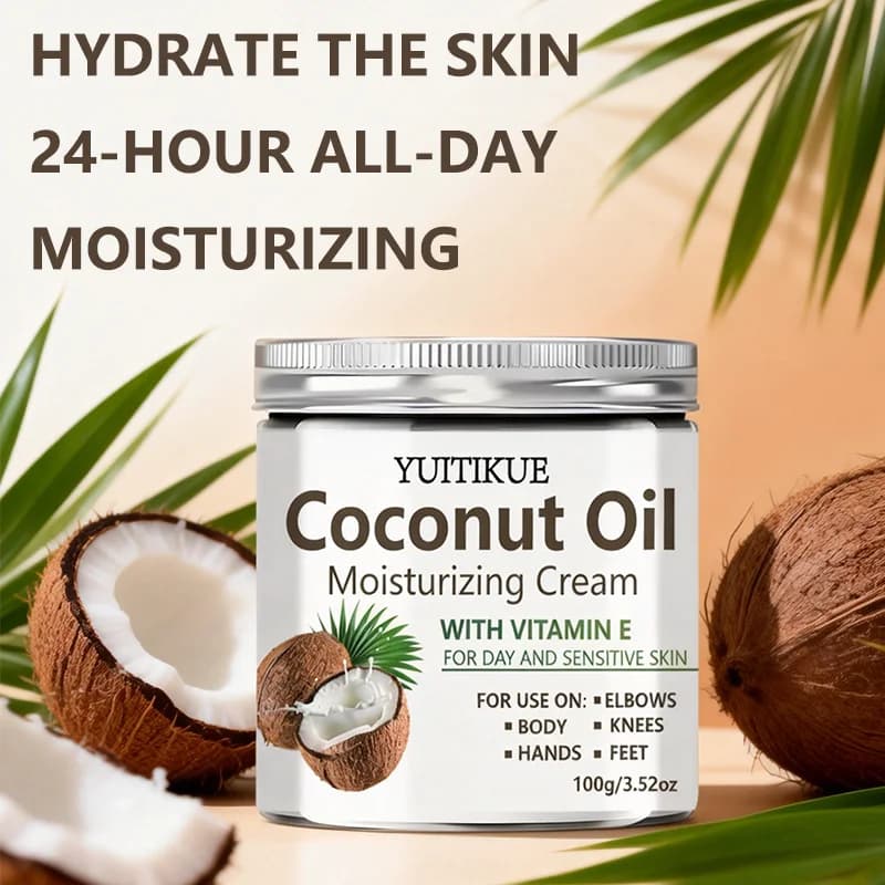 Crème hydratante à l'huile de coco YUITIKUE avec vitamine E | Pour la peau sensible et les journées de travail | Soins des coudes, des genoux, des mains et des pieds 100g
