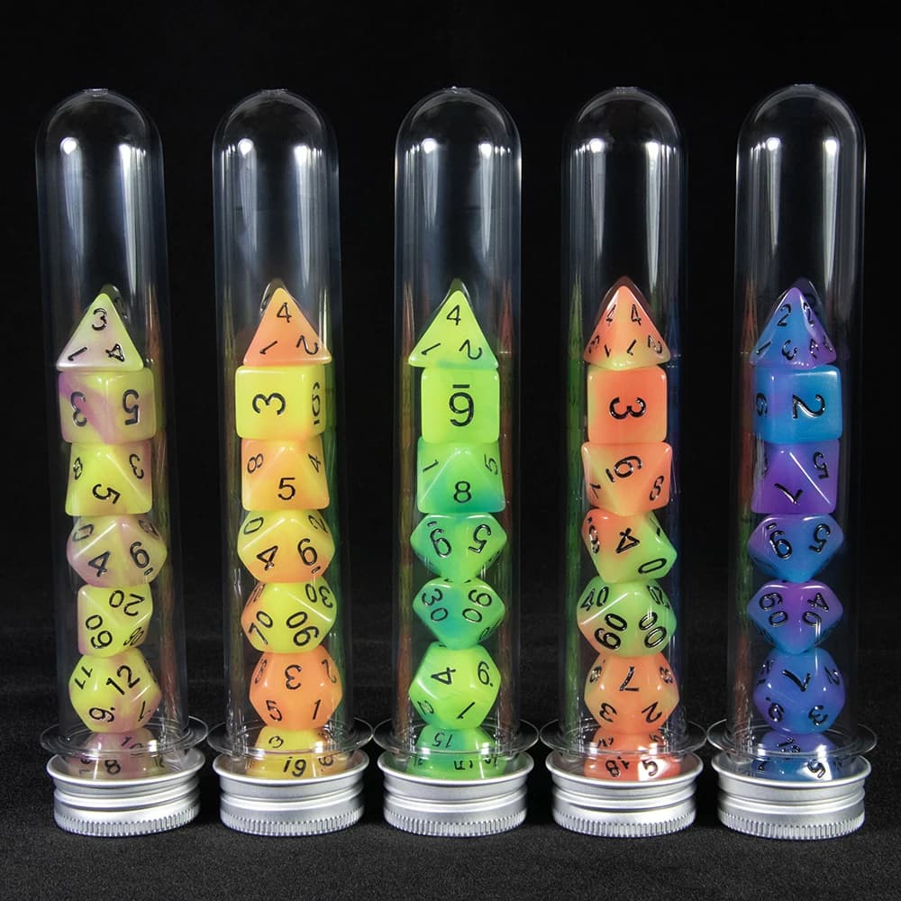 Jeu de dés polyédriques phosphorescents avec tube, dés pour petit-déjeuner du MDN, divertissement de fête, jeux de société, 7 pièces, D4,D6,D8,D10,D12,D20