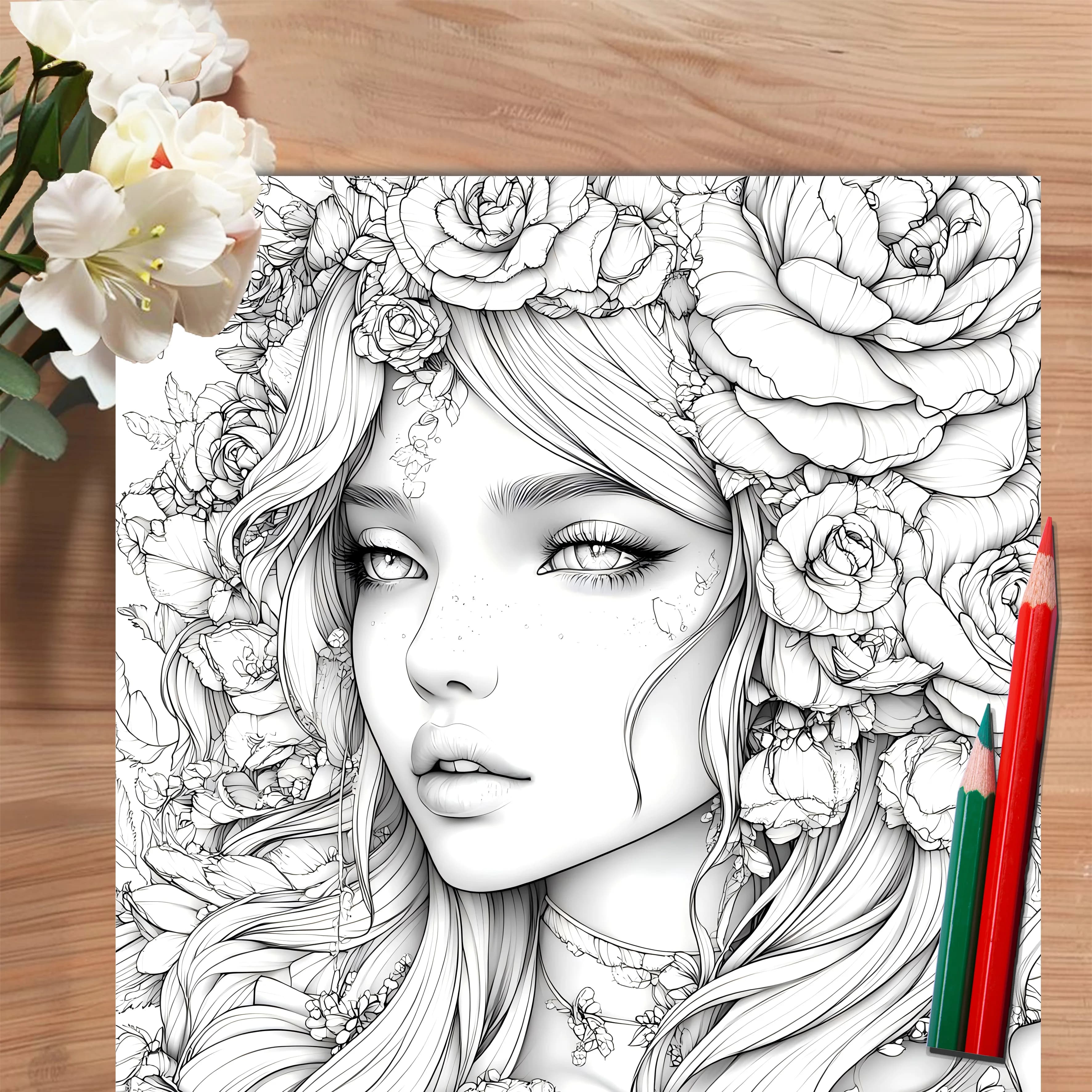 Livre d'images pour adultes : belles femmes en floraison pour une pratique du maquillage avec des portraits détaillés et des techniques de crayons à colorier