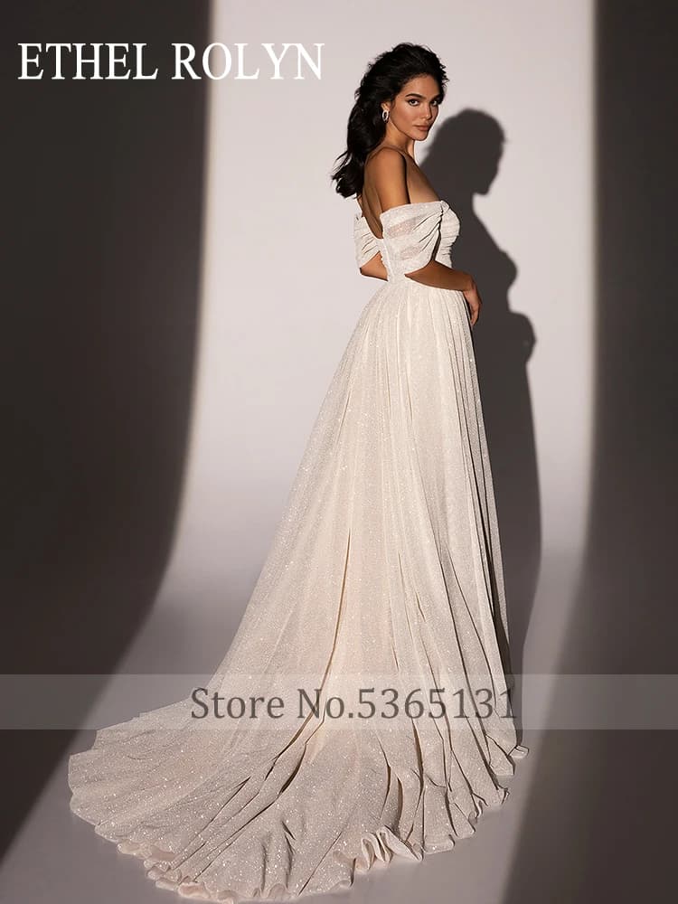 ETHEL ROLYN robes De mariée trapèze pour femmes brillant hors De l'épaule col bateau brosse Train robe De mariée robes De Novia