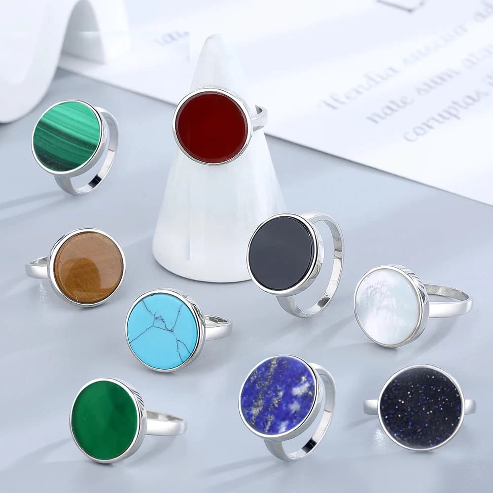 Bague en argent 15MM pierre naturelle Lapis Agate Malachite brève conception bague mignonne Fine femmes bijoux de fête