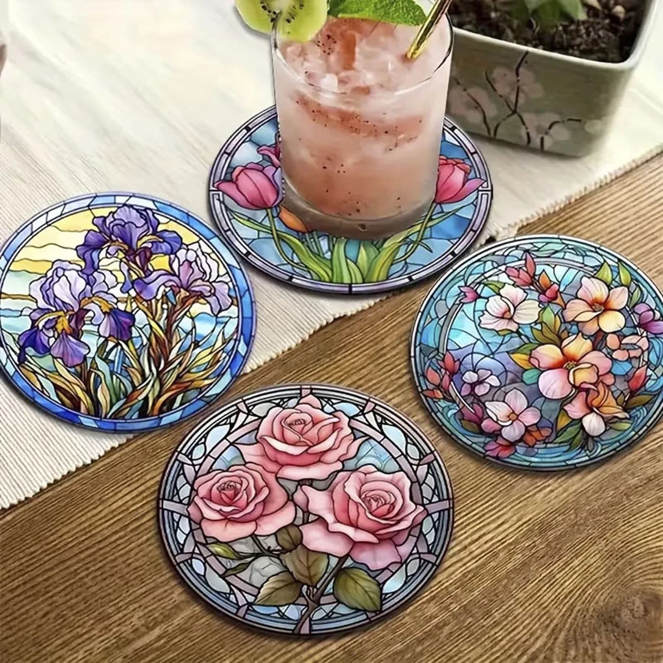 Ensemble de 8 dessous-de-verre en bois à thème floral, dessous-de-verre en bois composite rond et durable pour la protection du bureau
