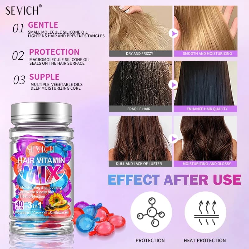 Capsules de Vitamine pour Cheveux Mélangés, Soin Capillaire Réparateur, Maltraité, Frisé, Soyeux, Hydratant, Lissant, Nourrissant, 40 Pièces