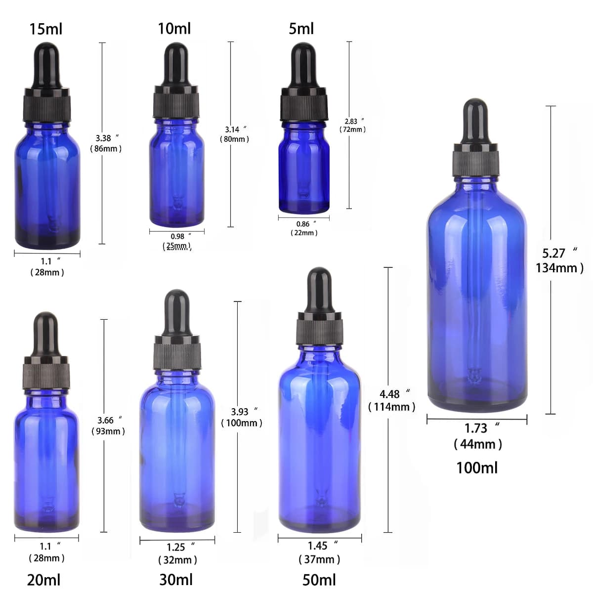 6/12/24 pièces 5 ml 10 ml 15 20 ml 30 ml 50 ml 100 ml flacons compte-gouttes en verre bleu avec Pipettes pour bouteille rechargeable de parfum d'huile essentielle