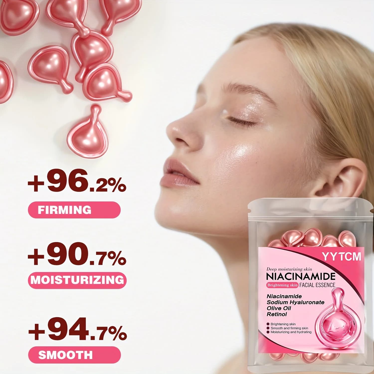 Capsules d'essence faciale à la niacinamide, contenant du rétinol, de l'huile de fruit d'olive, de l'extrait de gardénia, pour éclaircir le teint, hydrater et nourrir la peau, lisser et affiner la pea