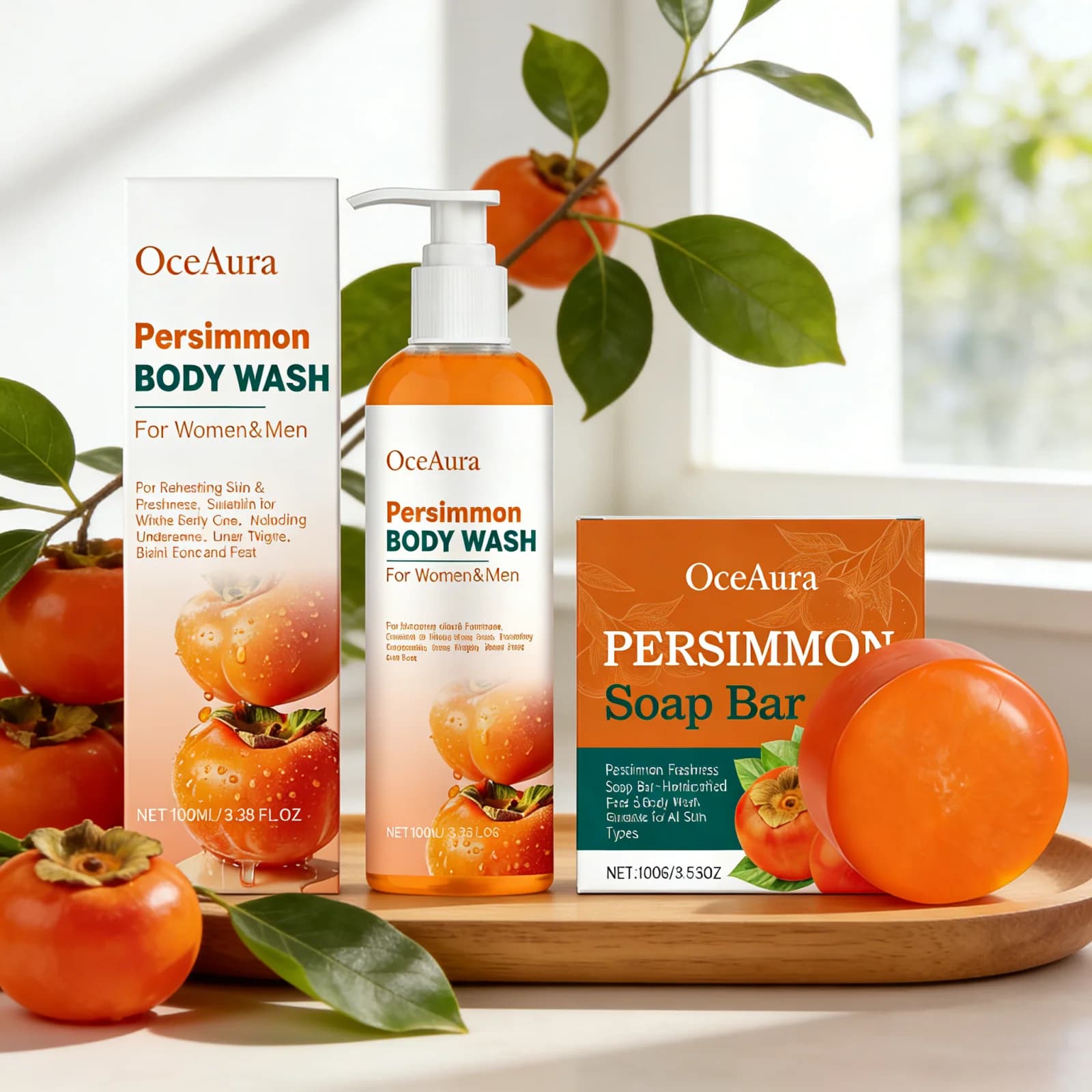 Ensemble de gel douche OceAura Persimmon, mousse riche, adoucit la peau, nettoyage en profondeur, parfum longue durée, extraits de fruits naturels, savon en barre