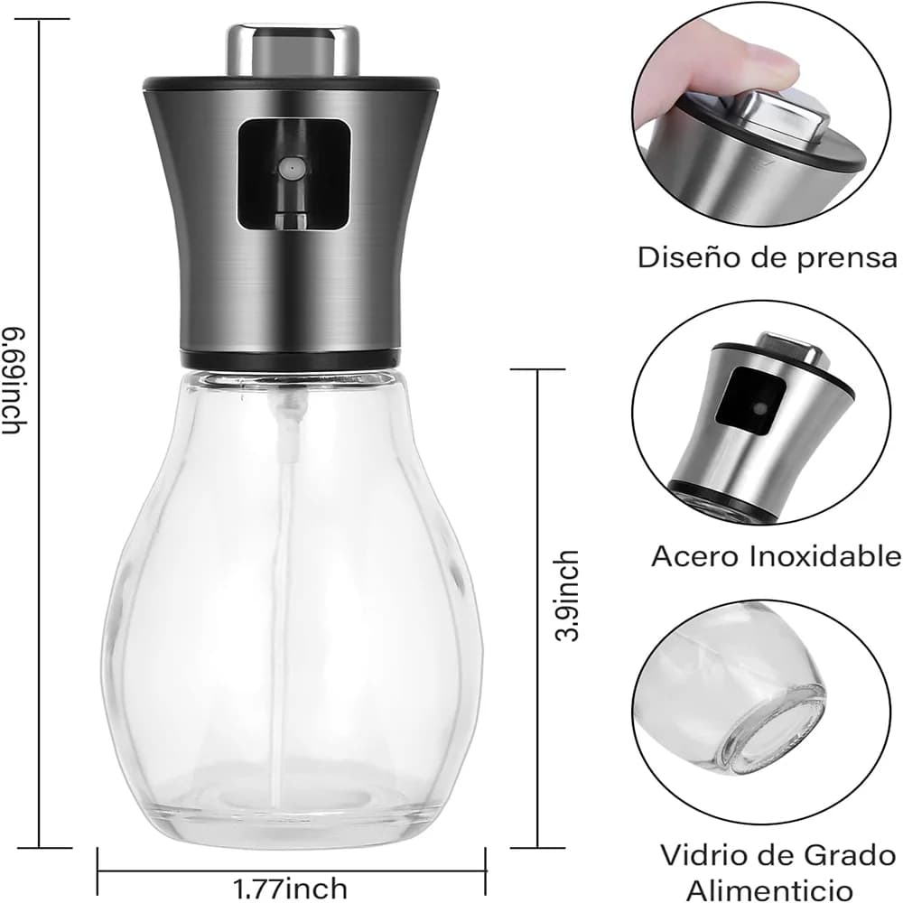 Pulvérisateur d'huile de cuisine pour la cuisson, huile d'olive ou vinaigre de 6.8oz/200ml, conception à gâchette, flacon pulvérisateur en verre de vinaigre en acier inoxydable