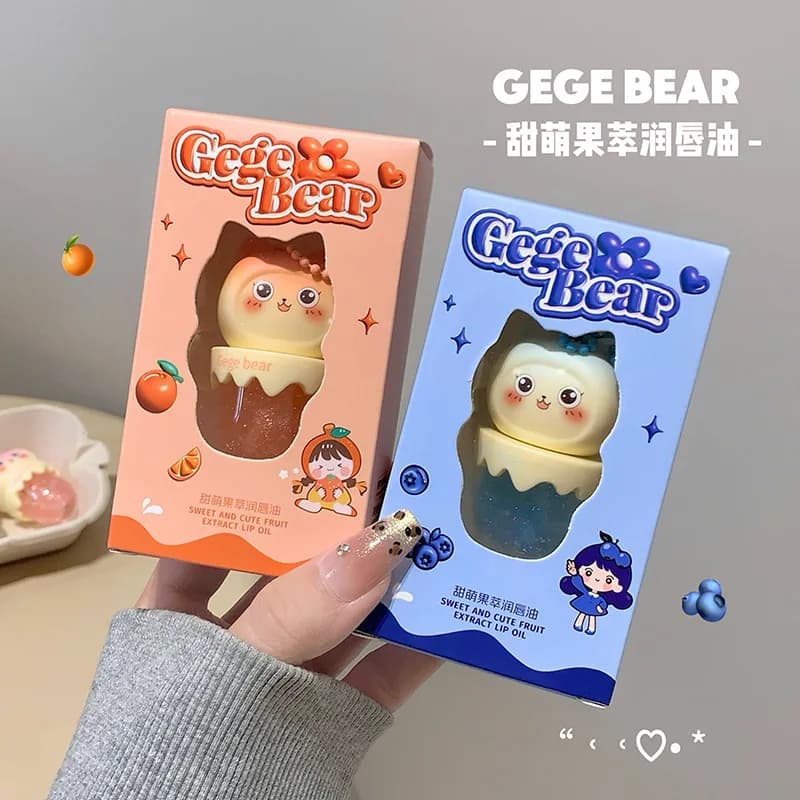 Huile à lèvres Gege Bear au goût de fruits, peut servir de porte-clés, baume à lèvres hydratant et nourrissant pour base de rouge à lèvres, réduit les ridules des lèvres