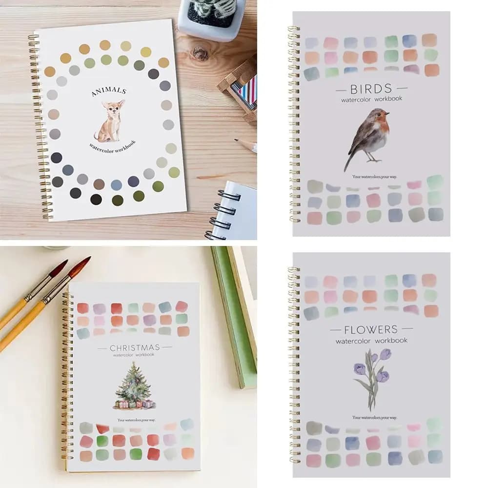Cahier d'exercices d'aquarelle pour débutants avec pinceau et palette de couleurs, fournitures de peinture artistique, livre de peinture à l'aquarelle
