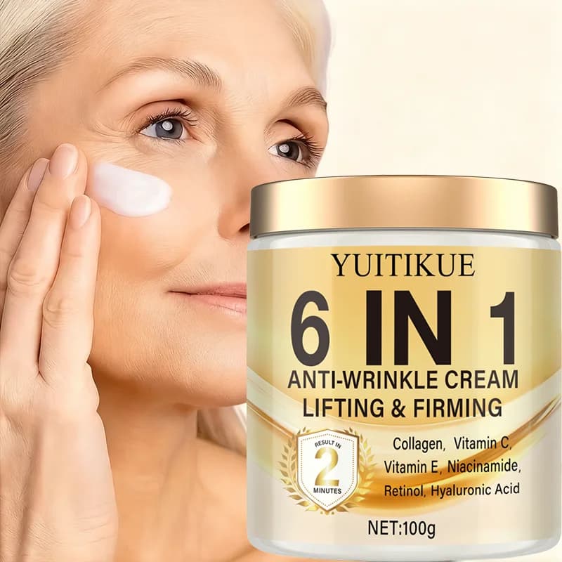 Crème Anti-Rides 6 en 1 : hydrate en profondeur, raffermit la peau, contient des vitamines C et E, au rétinol et à l'acide hyaluronique.