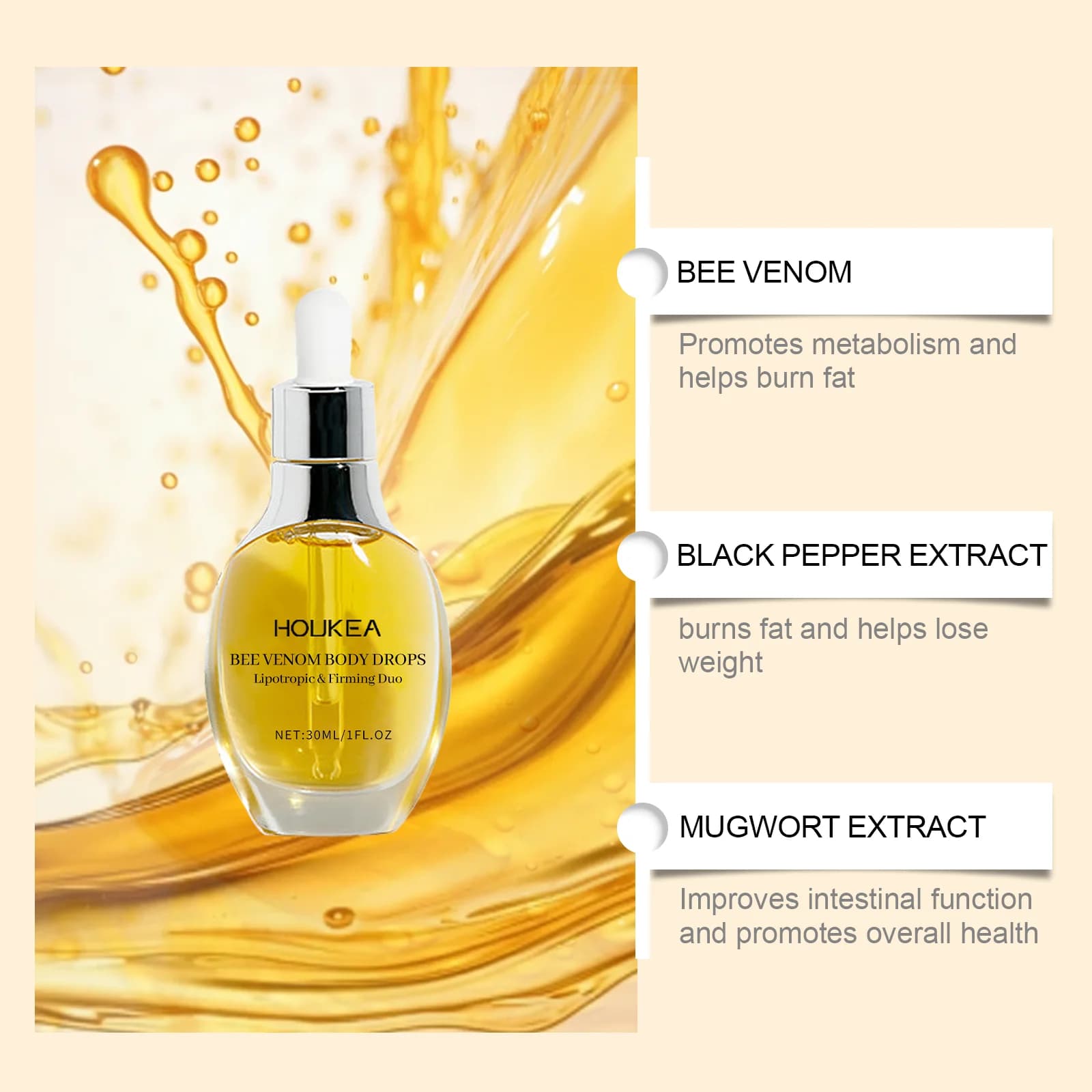 Houkea Sérum pour le corps au venin d'abeille Soin doux Hydrate, raffermit et hydrate Lifting de la peau Sérum de soin de massage corporel léger