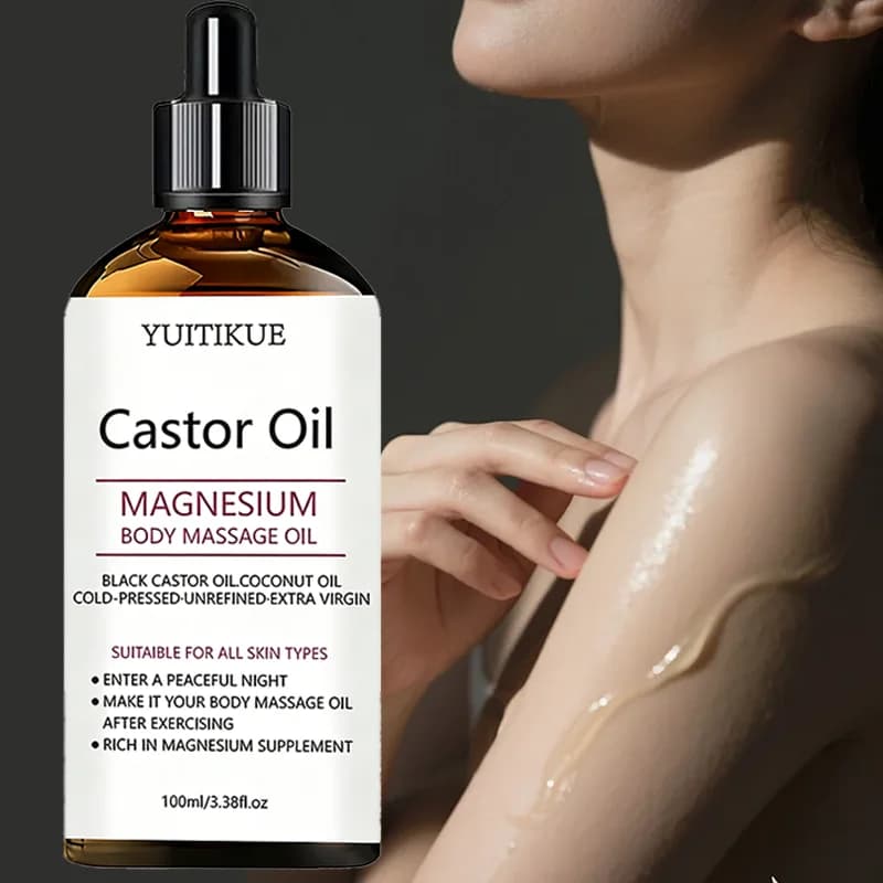 Huile de massage corporelle au magnésium et à l'huile de ricin YUITIKUE |   Huile de ricin noire et huile de noix de coco |   Soin relaxant pour la peau après l'exercice 100ml