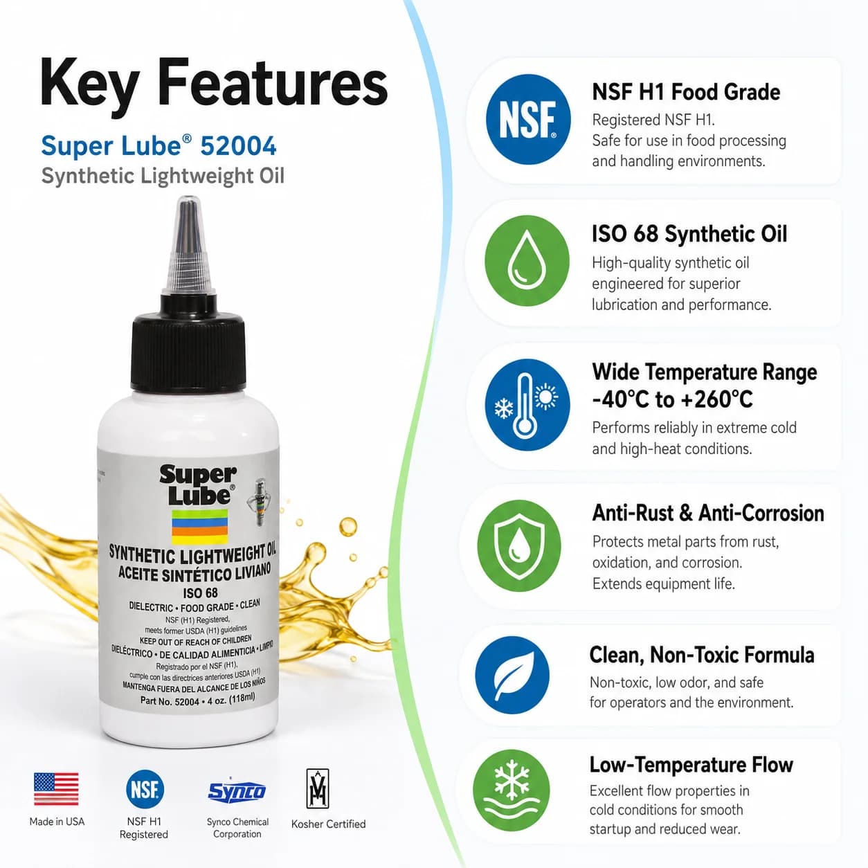 Huile synthétique de qualité alimentaire Super Lube 52004 ISO 68 pour roulements de machines, chaînes, pompes