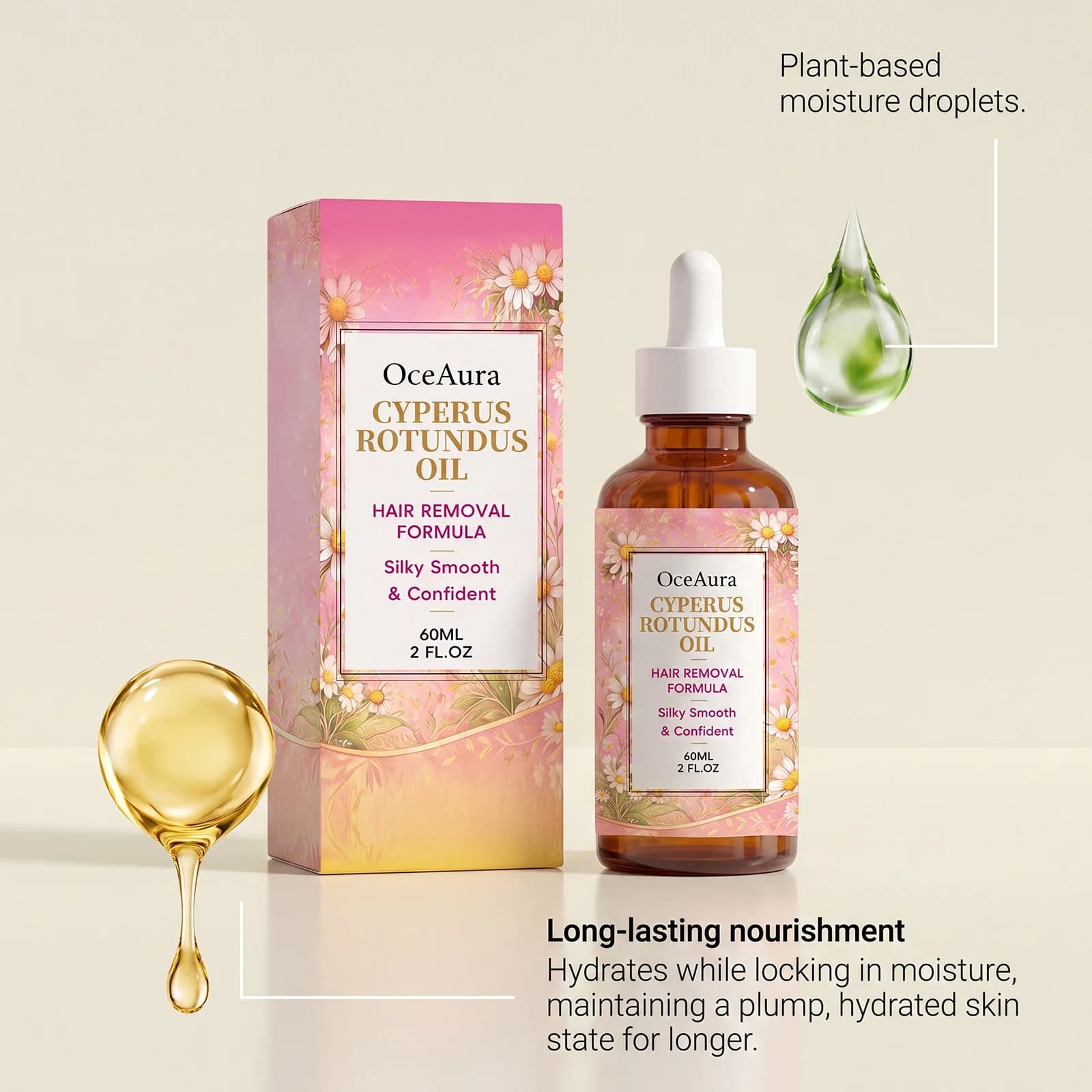 Huile de Cyperus Rotundus OceAura pour l'épilation, huile minimisant les irritations après-rasage, soin hydratant et lissant pour le corps, aisselles, jambes, bras, 60 ml