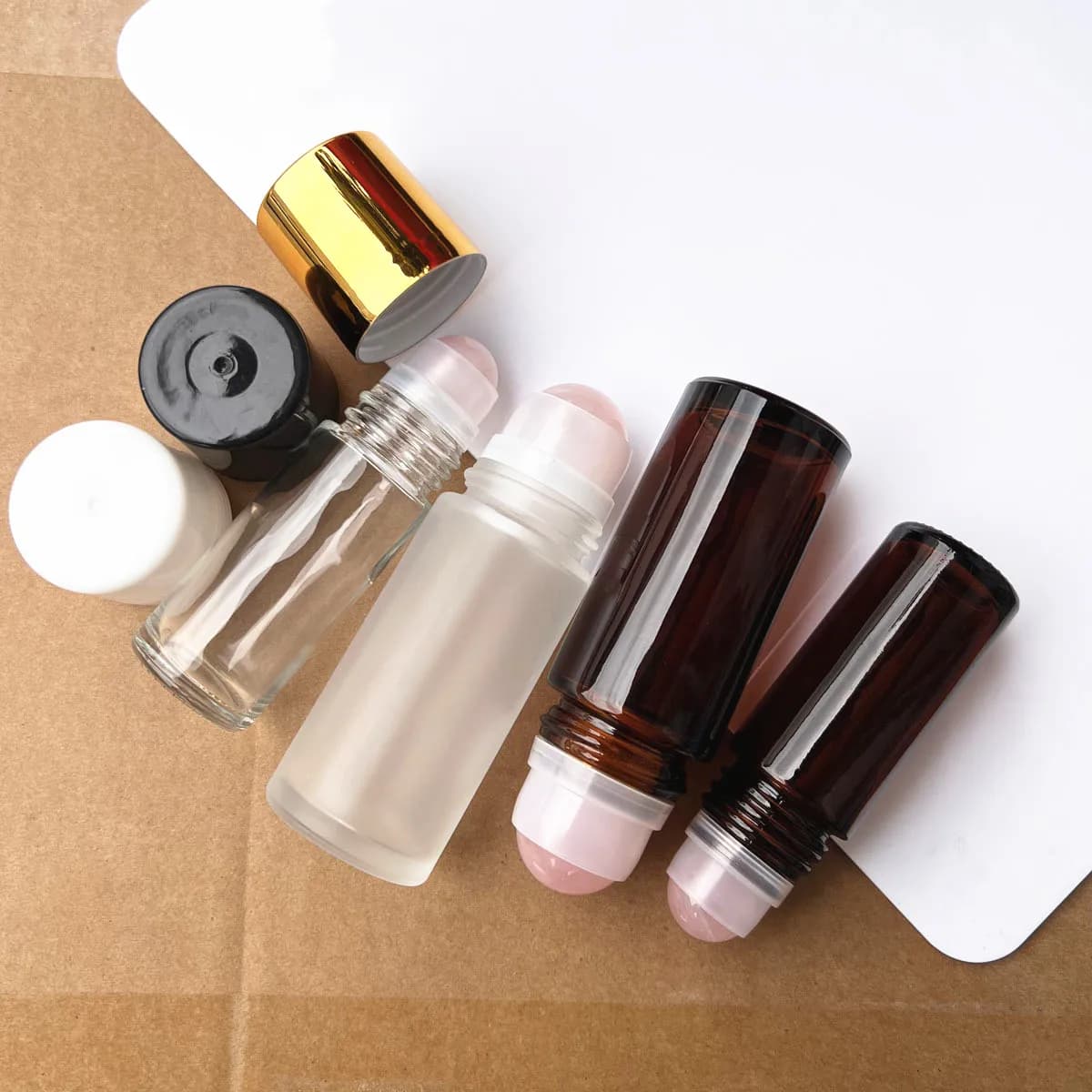 Bouteille en verre ambre/clair de 30ml 50ml, Quartz Rose naturel, boule à roulettes Extra Large en cristal, rouleau sur bouteille d'huile de parfum sous les bras