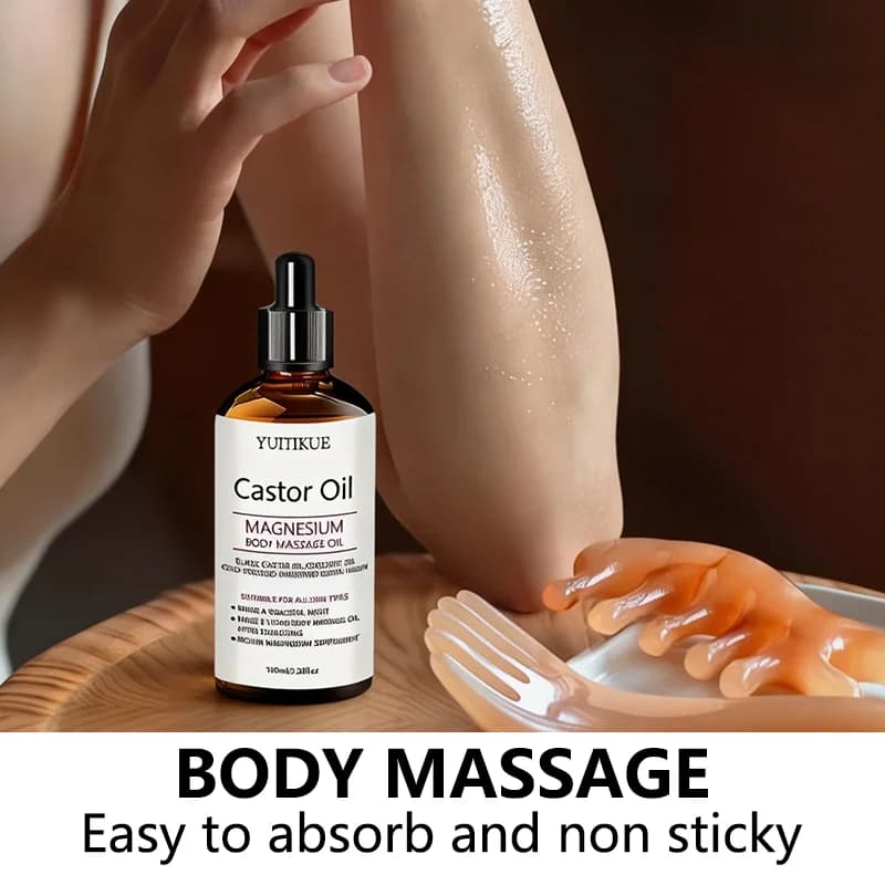 Huile de massage corporelle au magnésium et à l'huile de ricin YUITIKUE |   Huile de ricin noire et huile de noix de coco |   Soin relaxant pour la peau après l'exercice 100ml