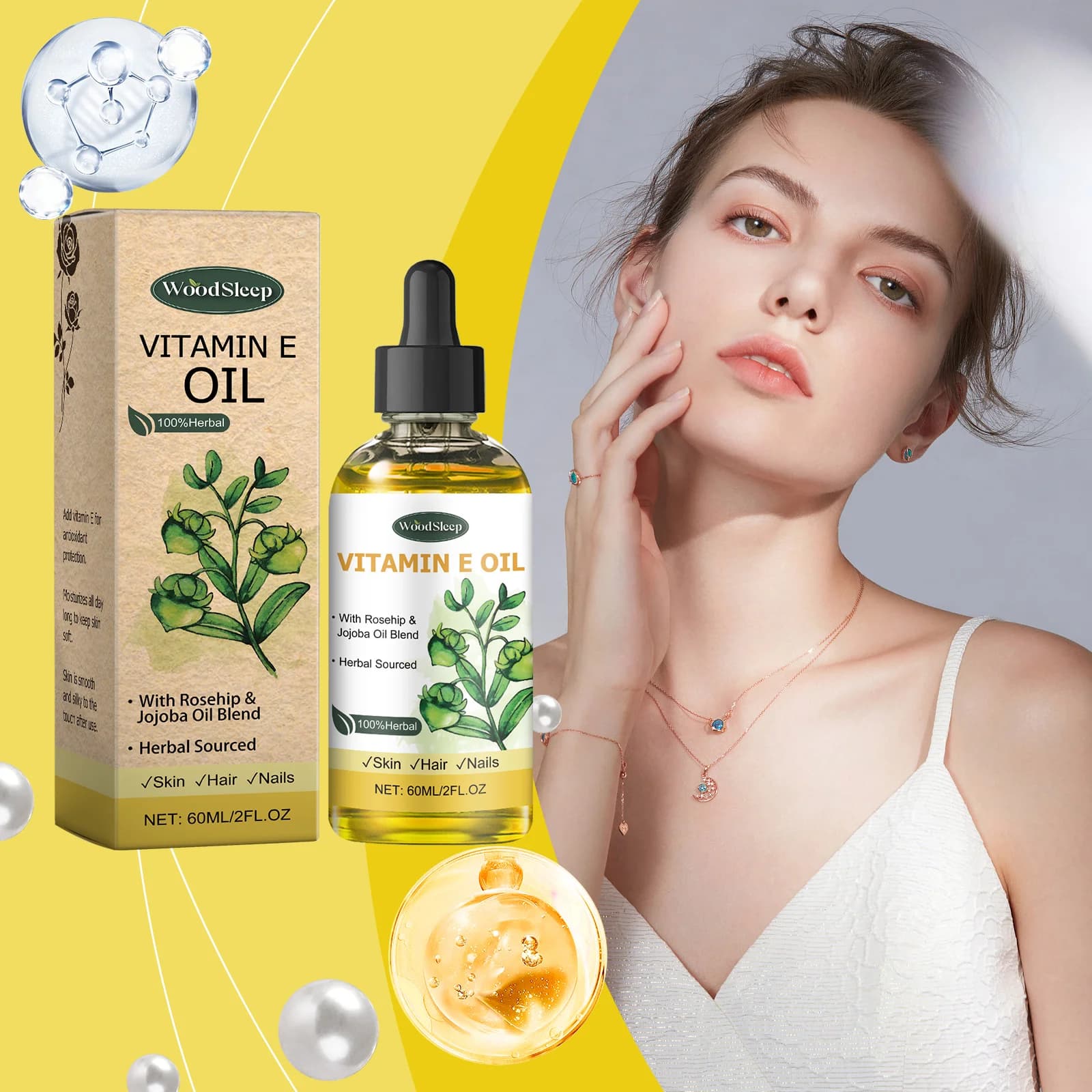 Huile essentielle de vitamine E naturelle 60 ml pour massage, soin de la peau, raclage, douche, visage, corps, ongles, cheveux, soin des cils, soin quotidien universel