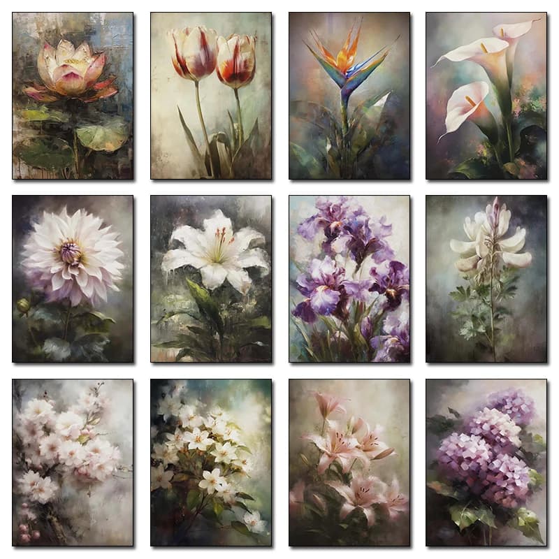 Peinture à l'huile classique simple, fleurs, lys, plantes vertes, bouquet de clou de girofle, affiche, impressions sur toile, décorations murales pour la maison, cadeau