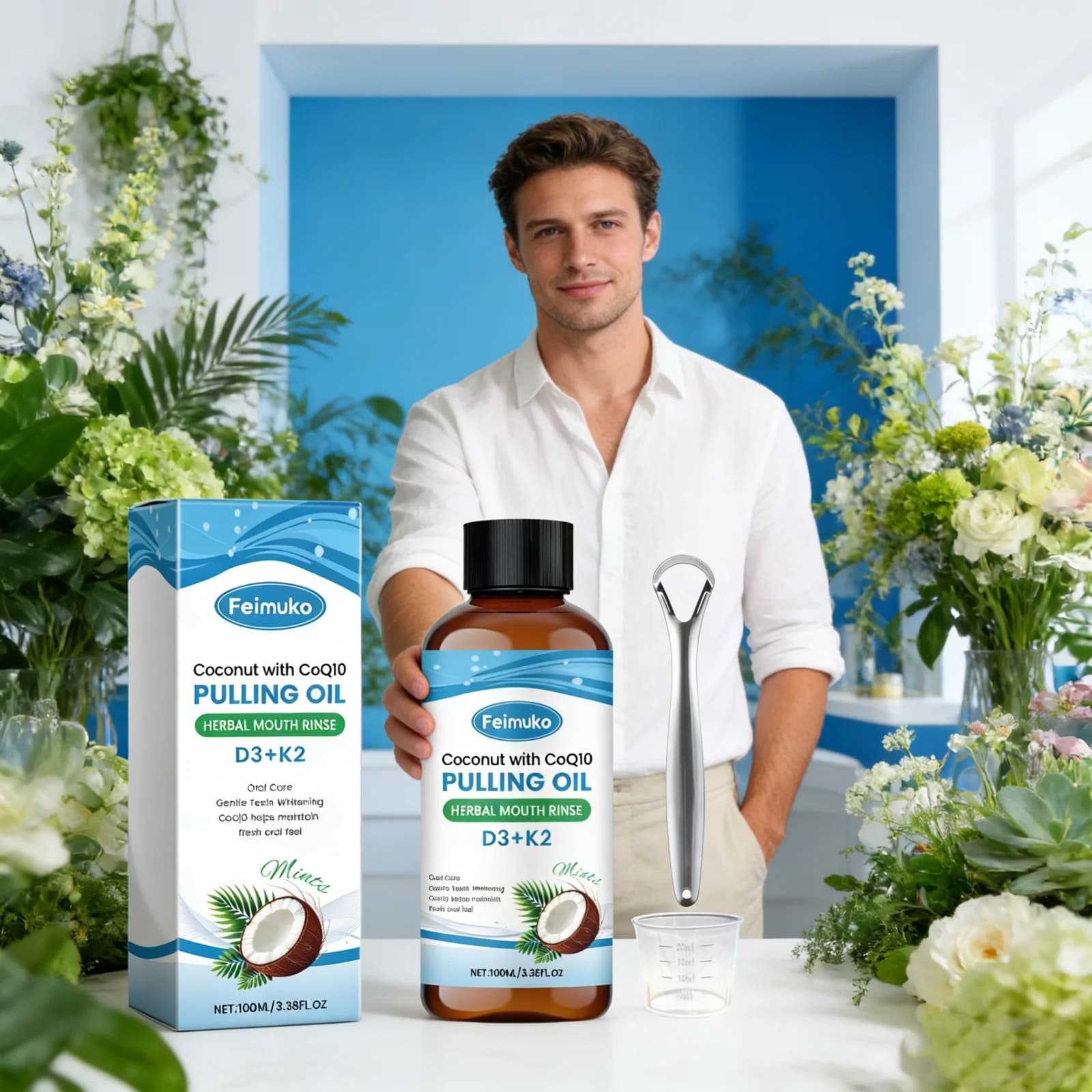 Kit de Bain de Bouche à l'Huile de Coco avec Grattoir à Langue